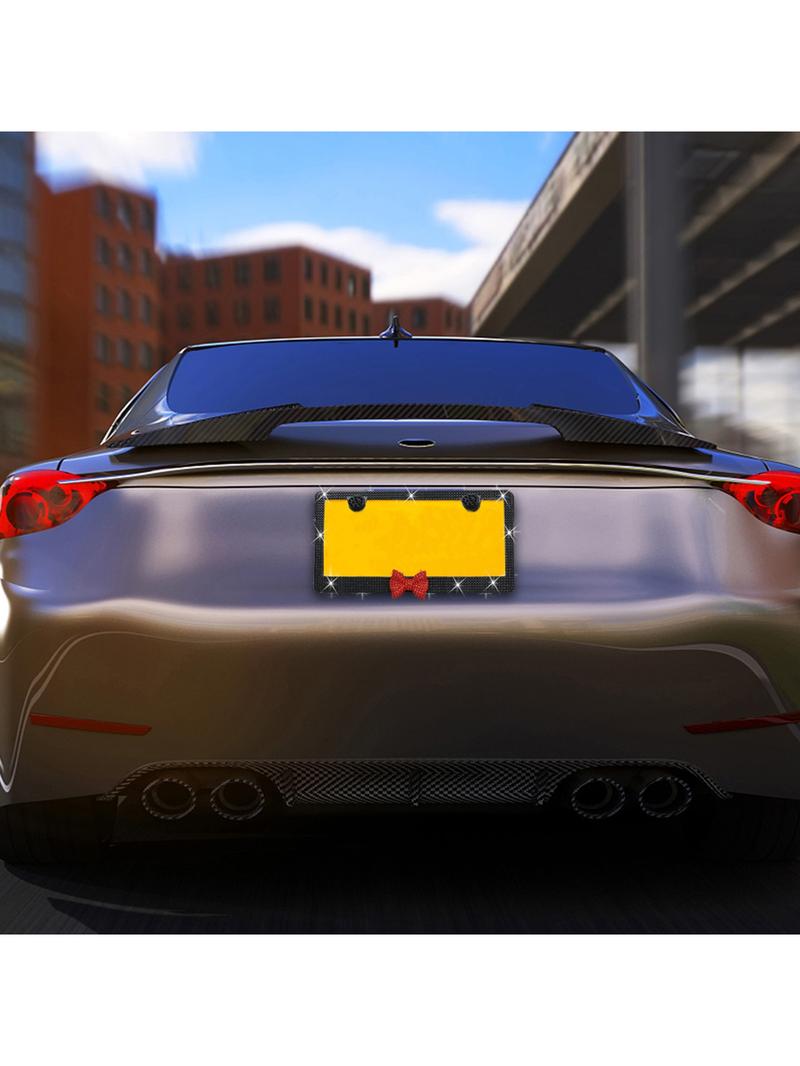 2 PCS Of Dazzling Plastic Bow License Plate Frames For Women, Personalized Car Plate, Glittering Rhinestone Diamond Car Parts License Plate Frames And Glittering Crystal Hats