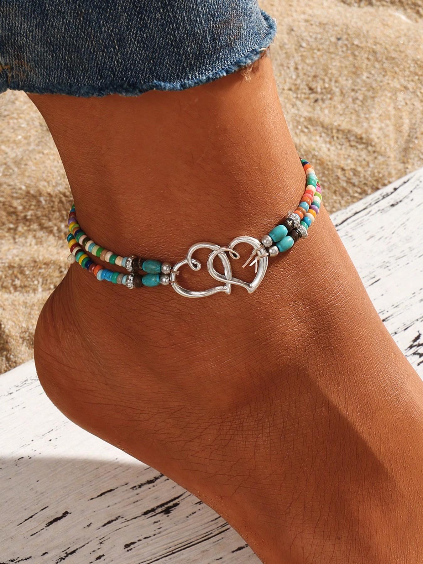 Fresh and Simple Beach Summer Double Heart Rice Beads Anklet, Multilayer Beaded Anklet for Women, Daily Casual Wear, Valentine's Gift