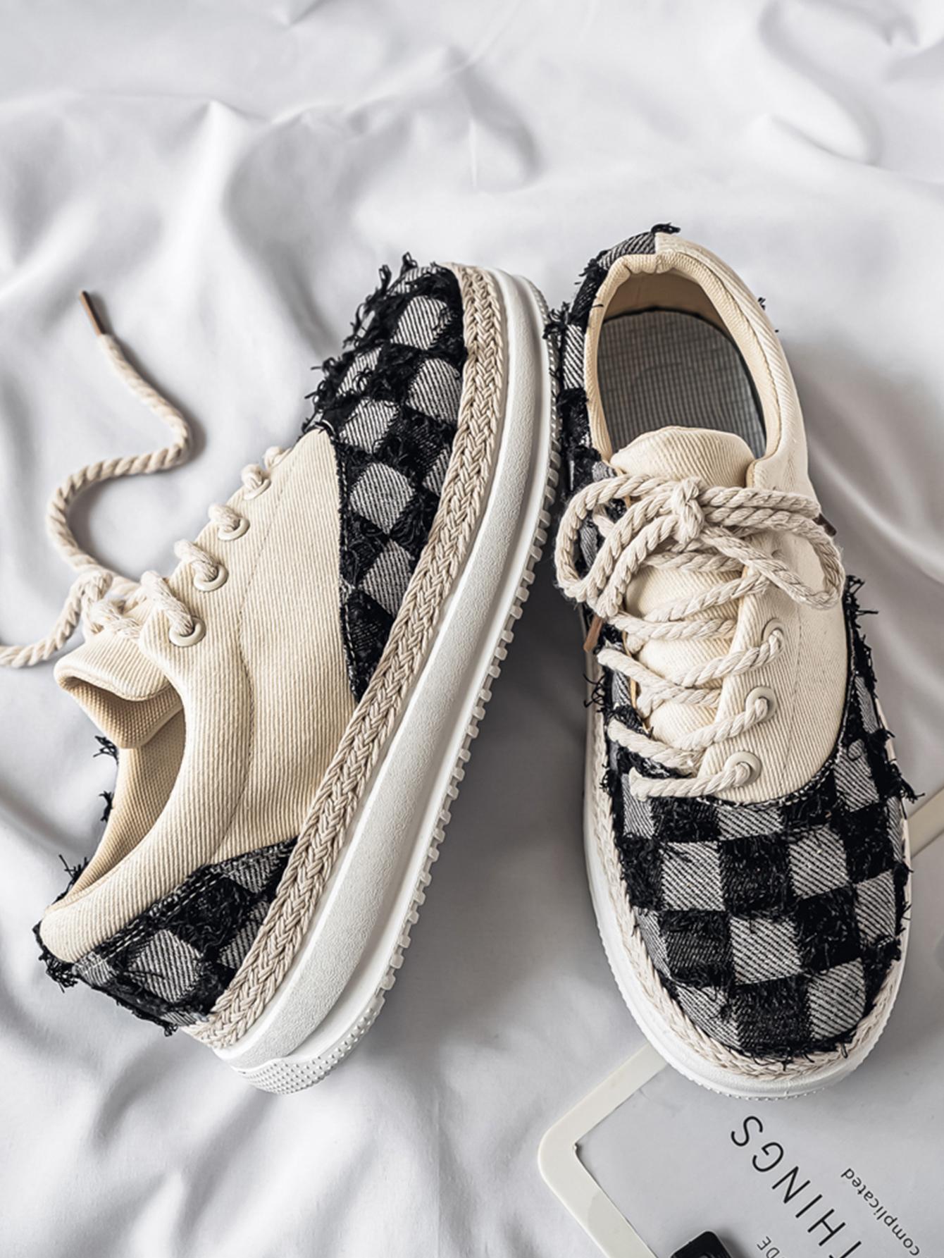 Summer New Men's Plaid Patchwork Hemp Rope Laces, Vintage Straw Trim Soft Elastic Thick Sole, Casual Checkered Shoes for Commute and Streetwear