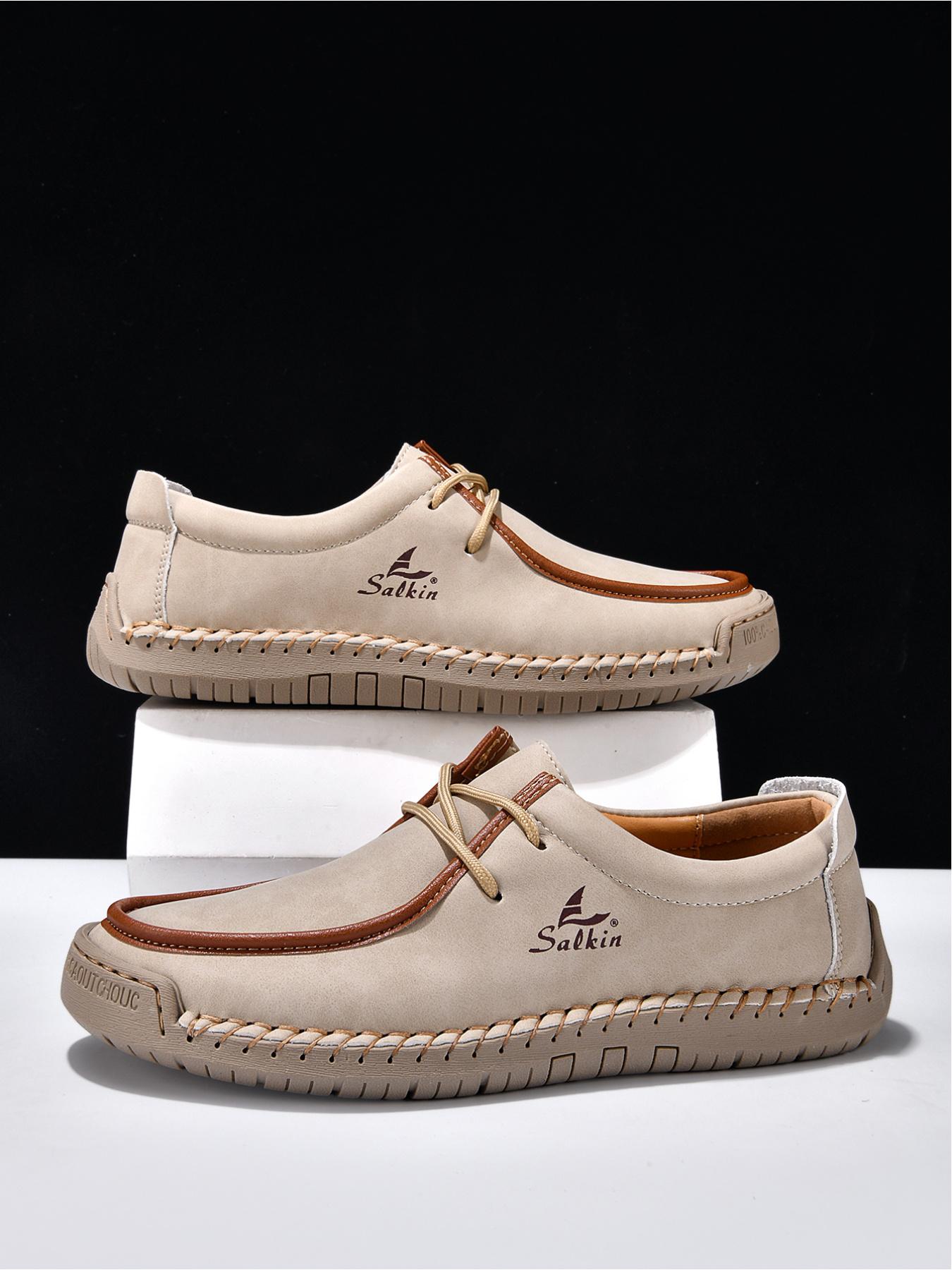 Men's Black Hand-Stitched Casual Shoes, Soft Sole Non-Slip Slip-On Driving Shoes, Dad Shoes