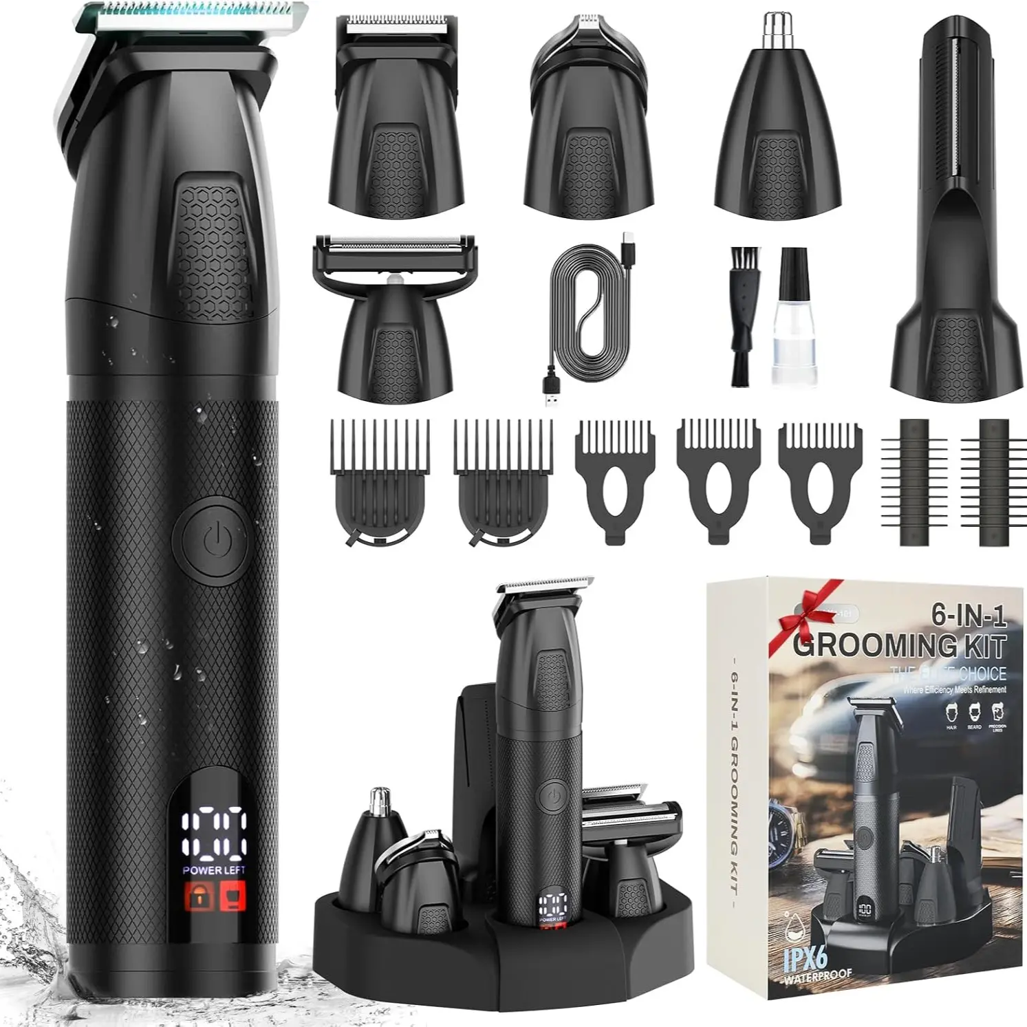Men's 6-In-1 Shaver Set, Multifunctional Electric Razor, Home Grooming Kit, IPX6 Waterproof Cordless Shaver, Mens Grooming Kits Electric Razor for Face,Mustache,Body,Ear,Nose,Gifts