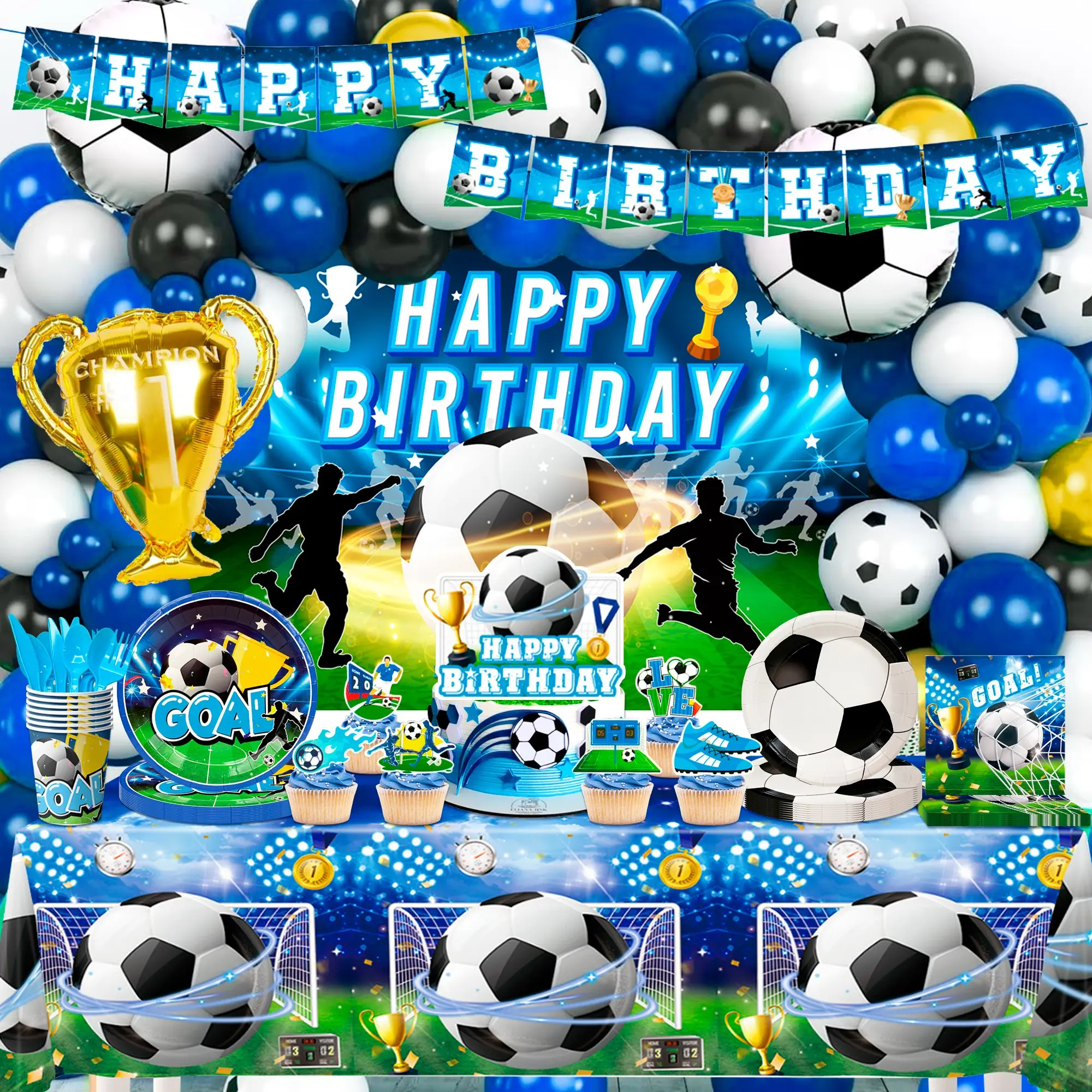 Football Soccer Theme Party Decoration Set, 168 Pieces Football Birthday Party Supplies, Includes Banner, Balloons, Cake Decor, Plates, Tablecloth