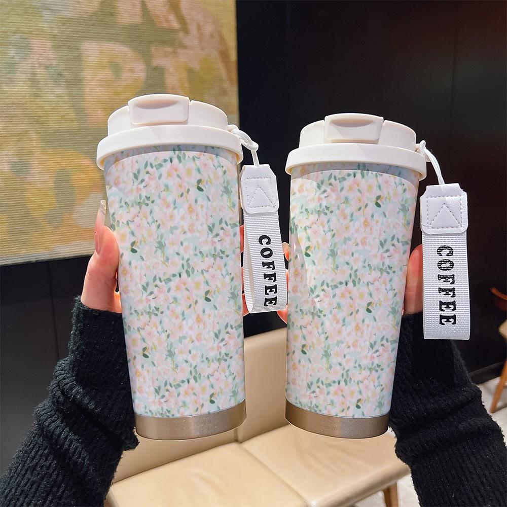 Abstract Floral Coffee Cup, Portable Insulated Tumbler, Keeps Drinks Hot/cold, Boho Style, Ideal for Office, Travel, Sports, Golf