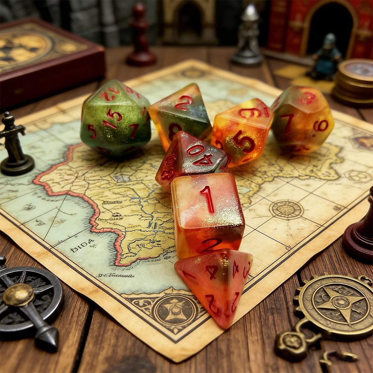 7PCS Polyhedral Dice Set, Green Orange Red DND Dice with Red Numbers, RPG Dice for Dungeons and Dragons, D&D, Pathfinder, MTG, Tabletop Games