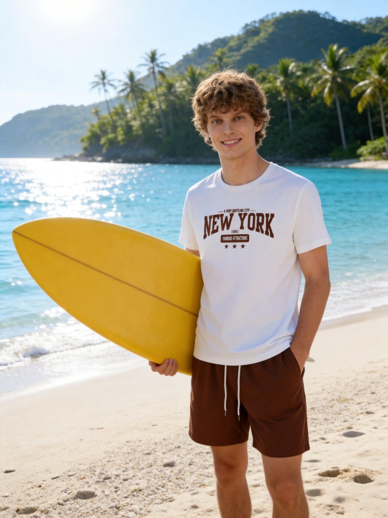 Men's Island-Style American Letter Print Set: Lightweight, Breathable Summer Short-Sleeve Shirt and Shorts Two-Piece Set for Travel