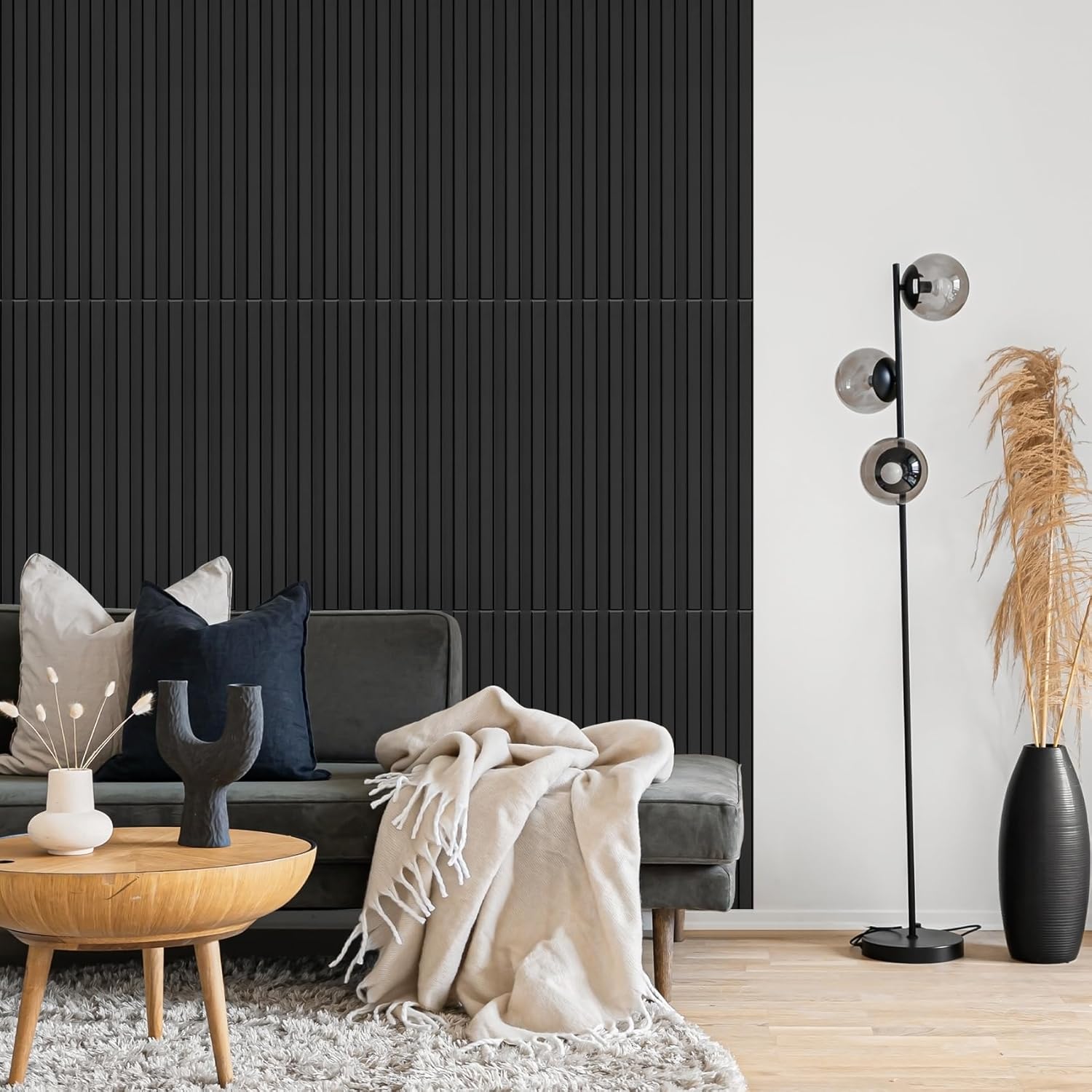 STICKGOO 12 Pcs 3D Slat Wall Panels, 19.7" x 19.7" Main String Wall Panels, Decorative PVC Wall Tiles, 3D Textured Wall Panels for Interior Wall Decor, 32 Sq.Ft - Black