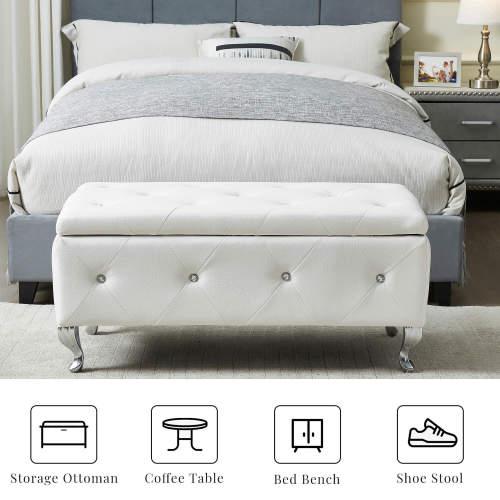 [Bellemave]Upholstered Storage Ottoman Bench For Bedroom End Of Bed Faux Leather Rectangular Storage Benches Footrest With Crystal Buttons For Living Room Entryway
