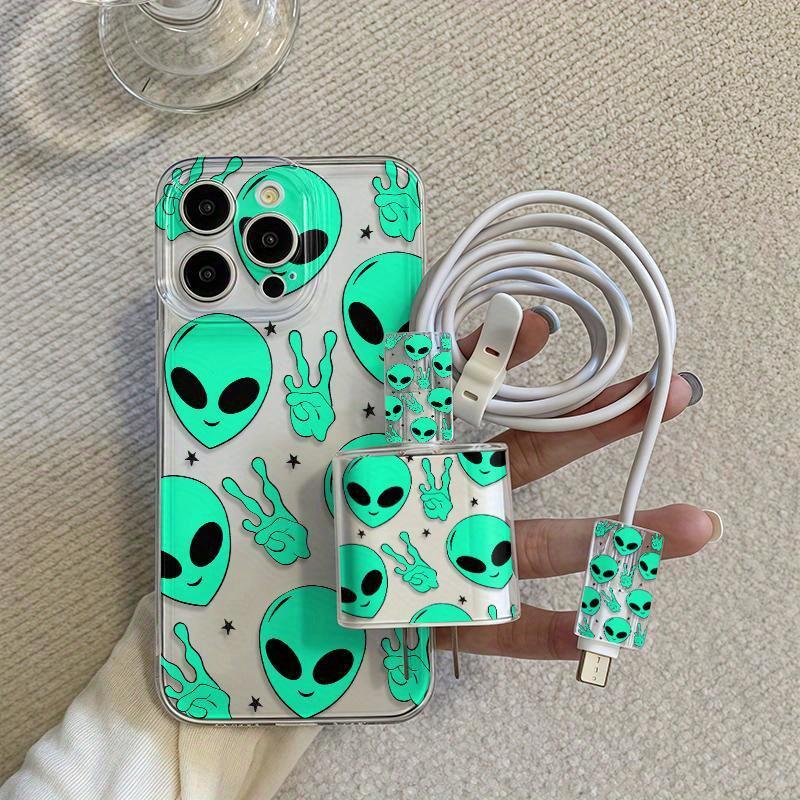 iPhone Case Set, Transparent Alien Design, Shockproof Protective Cover for iPhone 15 Series & More, Includes Charger Protector & Cable Wrap, Accessories