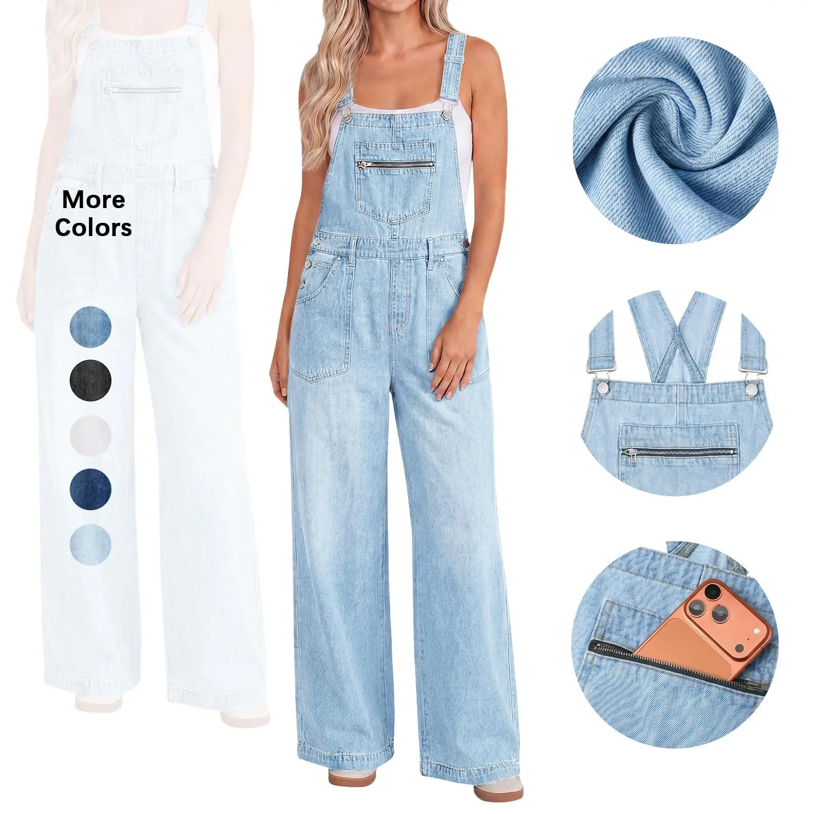 Flowyair Women's Baggy Blue Jean Overalls, Casual Cotton Wide Leg Fit with Adjustable Straps and Zipper Bib Pockets, Sleeveless, Women's Clothes, Loose Fitting, Barrel Overalls, Oversized, Strappy, Wide Pants, Denim Overall