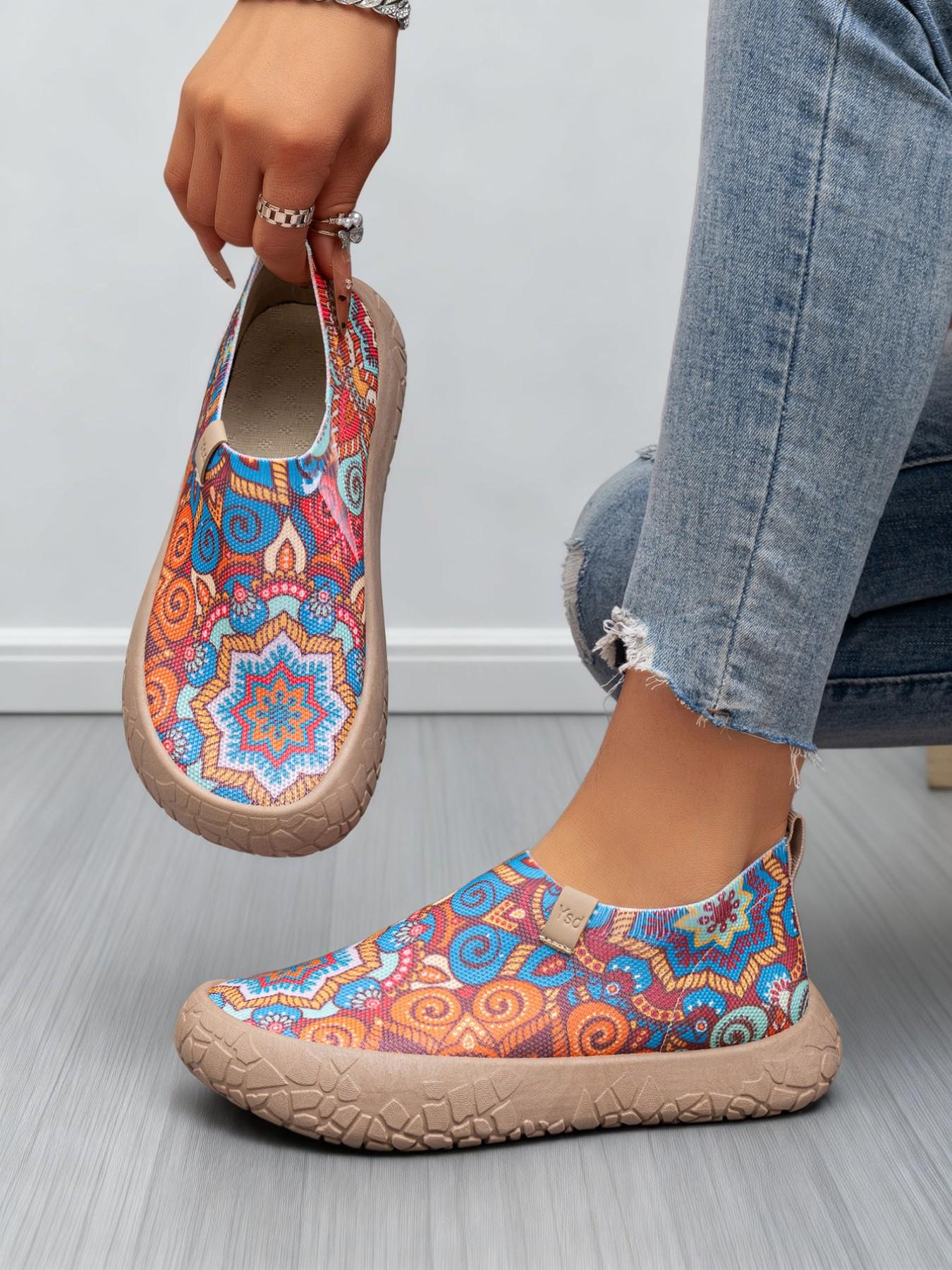 2026 New Women's Casual Shoes, Boho Print Sneakers, Slip-On Flat Shoes, Lightweight Soft Sole, All Seasons, Textile Upper, PVC Sole