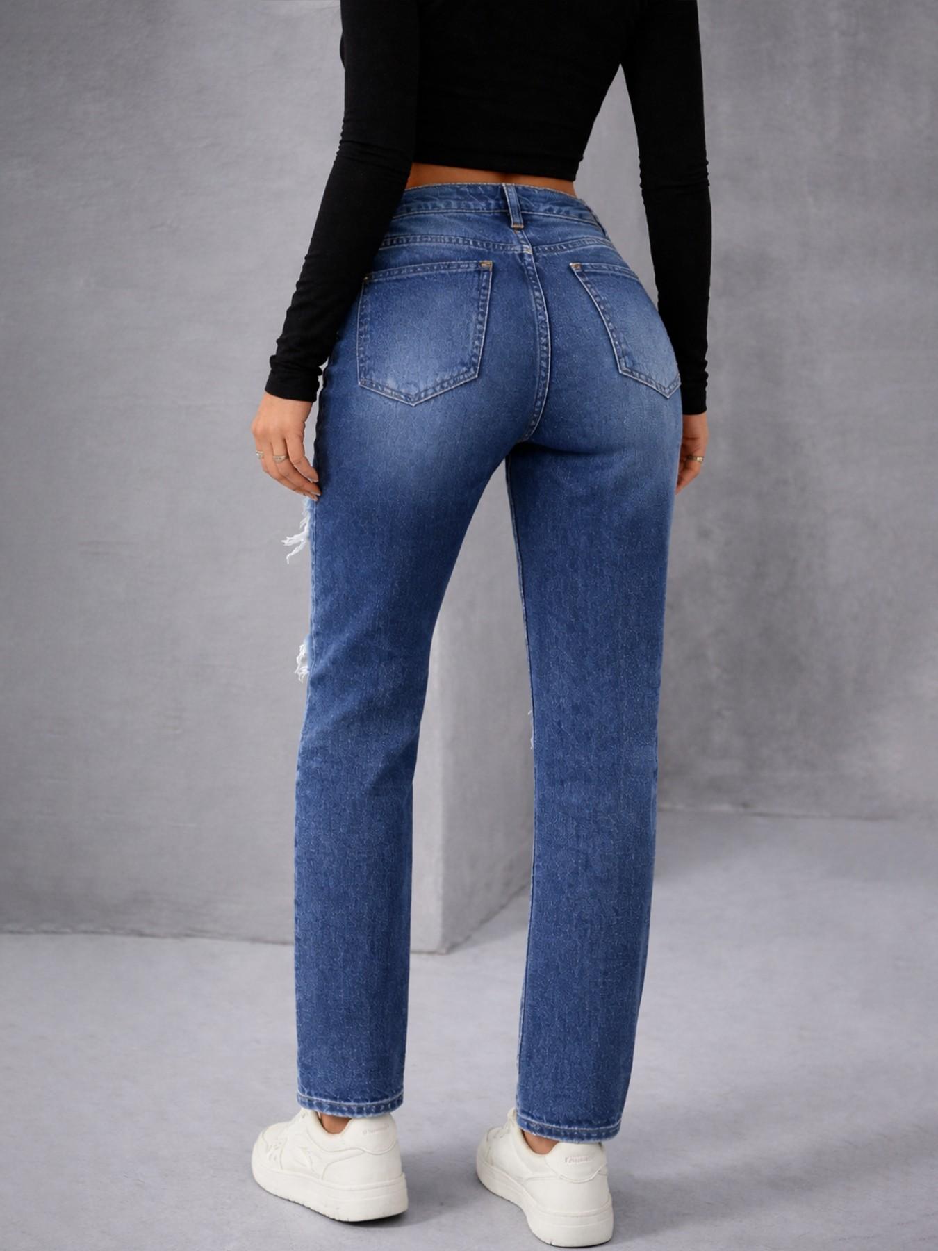 Women's High-Waisted Denim Jeans, Spring & Fall Casual Fitted Straight-Leg Pants, Blue Washed Street Style Distressed Design
