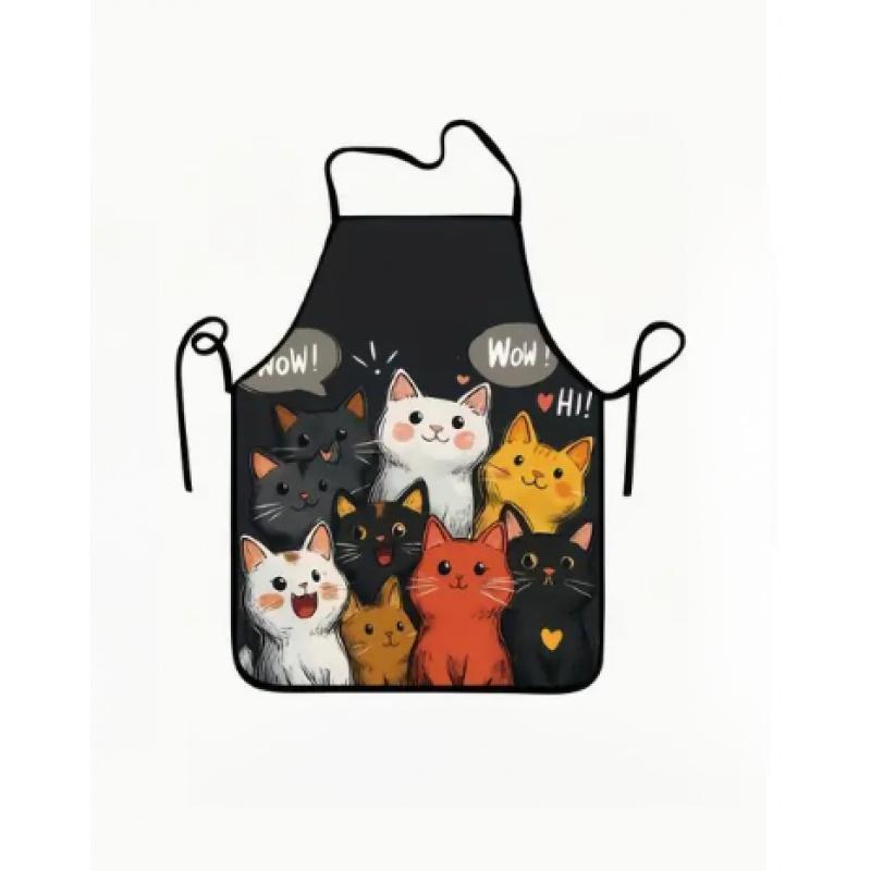 1pc Cute Cat Print Apron - Durable Polyester, Adjustable Neck Strap, Ideal for Kitchen & Dining Use, Black with Colorful Cat Illustrations, Kitchen Apron|Playful Design|Adjustable Apron