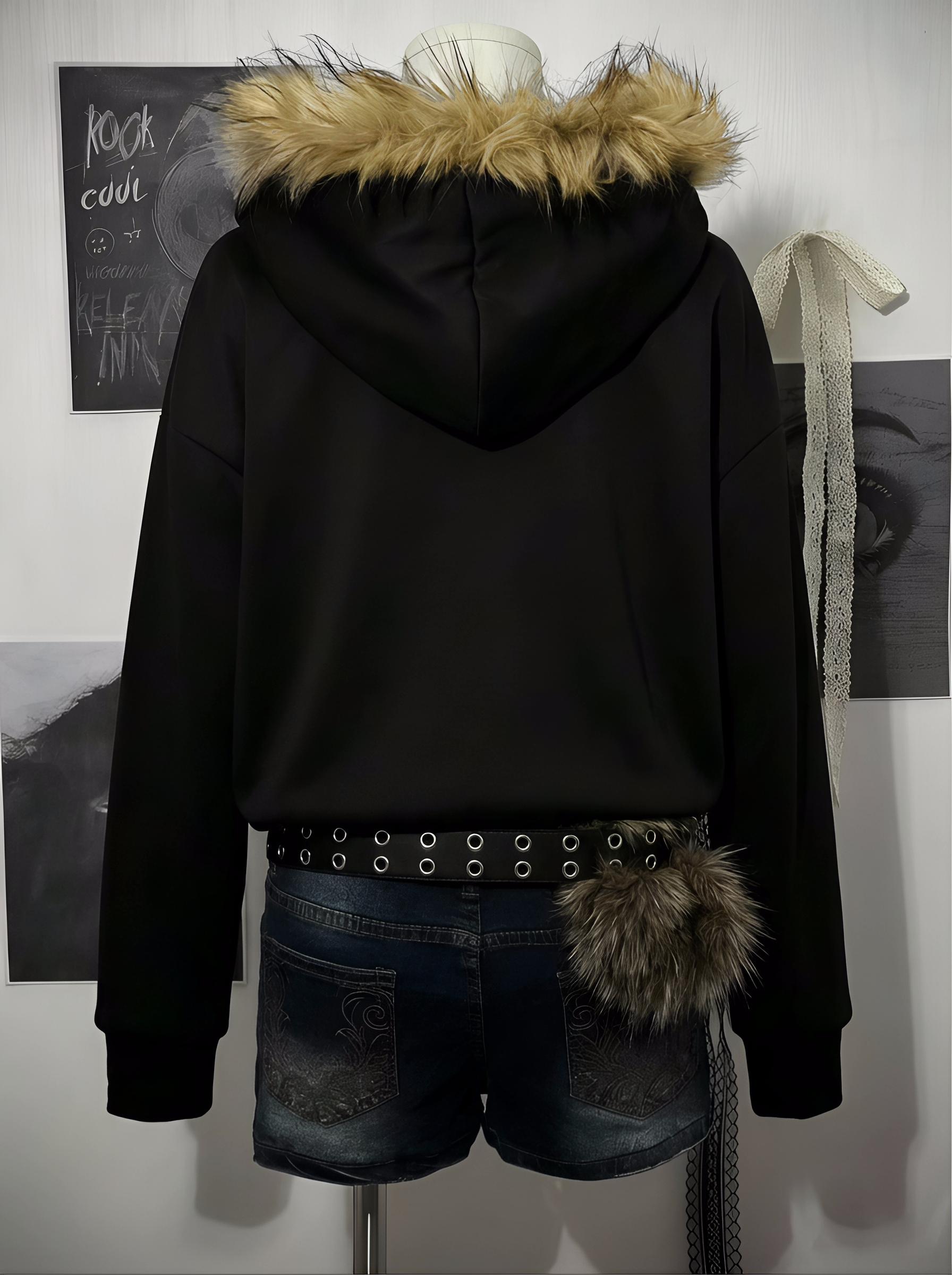 Y2K Gothic Black Faux Fur Hooded Solid Zip-Up Hoodie | Versatile
