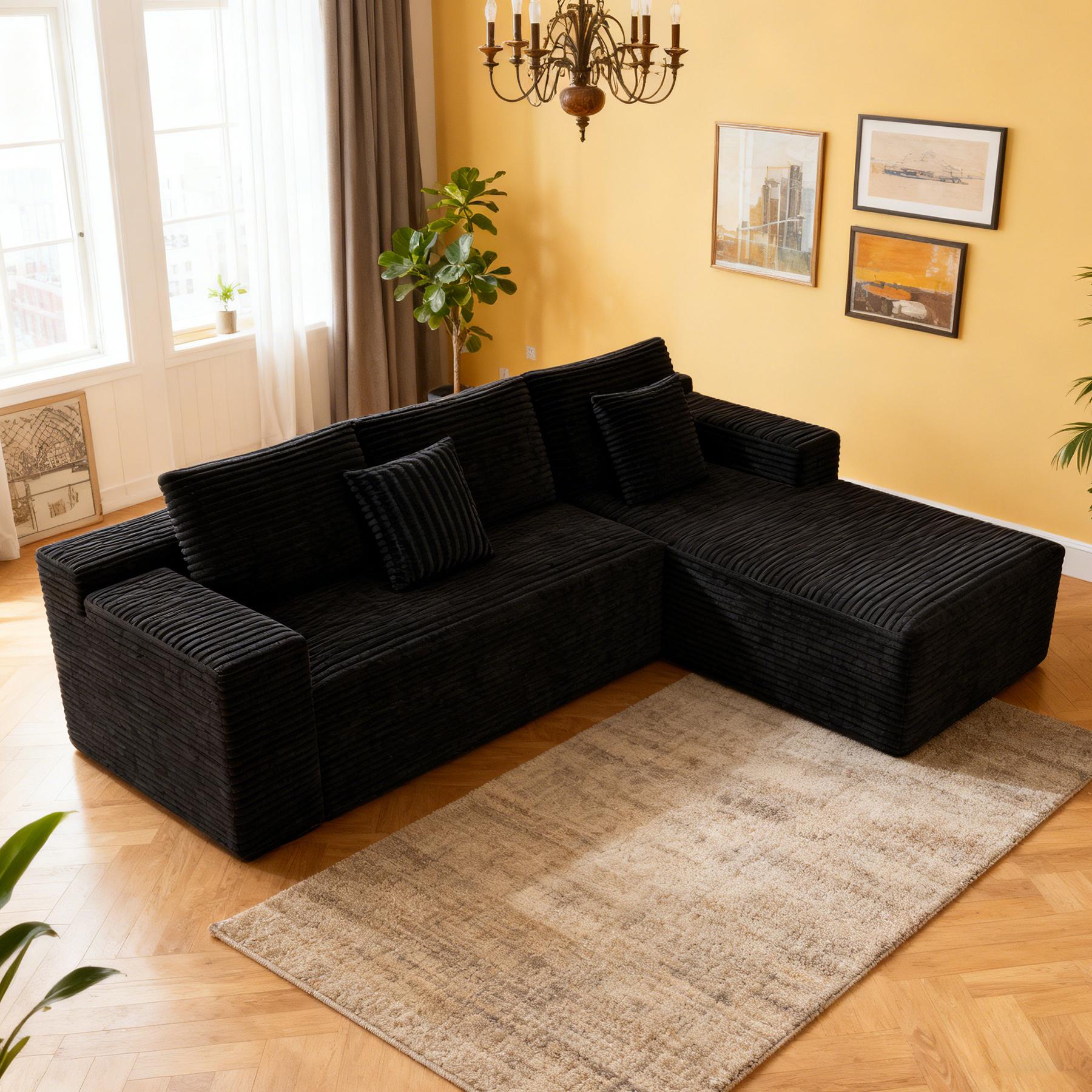 104" sofa living room Black Plush Corduroy Cloud VelvetModular Couches with Chaise, NoAssembly Required -L-ShapedSectional Sofa Set with FlexibleConfiguration boneless sectional furniture 104" sofa living room Black Plush Corduroy Cloud VelvetModular Couches with Chaise, NoAssembly Required -L-ShapedSectional Sofa Set with FlexibleConfiguration boneless sectional furniture