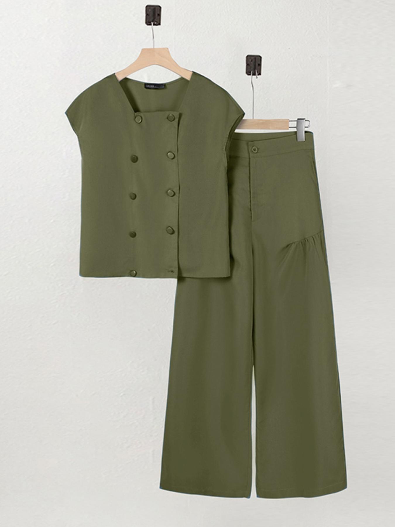 Women's Solid Button Front Top & Wide Leg Pants Two-piece Set, Casual Short Sleeve Top & Pants for Summer, 2 Piece Sets Women, Ladies Clothes for Daily Wear