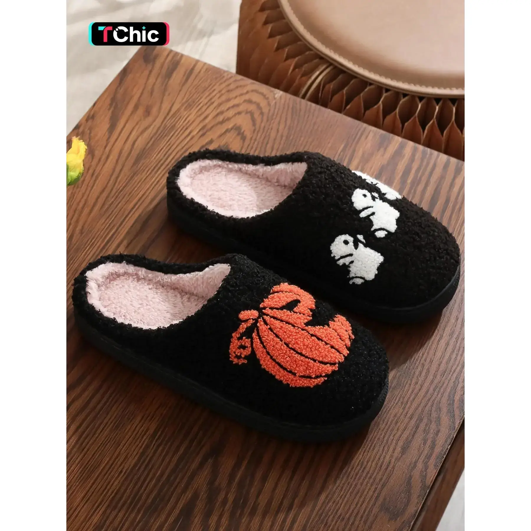 Halloween Pumpkin Ghost Embroidered Plush Slippers, Comfortable Indoor Home Shoes for Men & Women, Fall Season Gift Idea, House Shoes