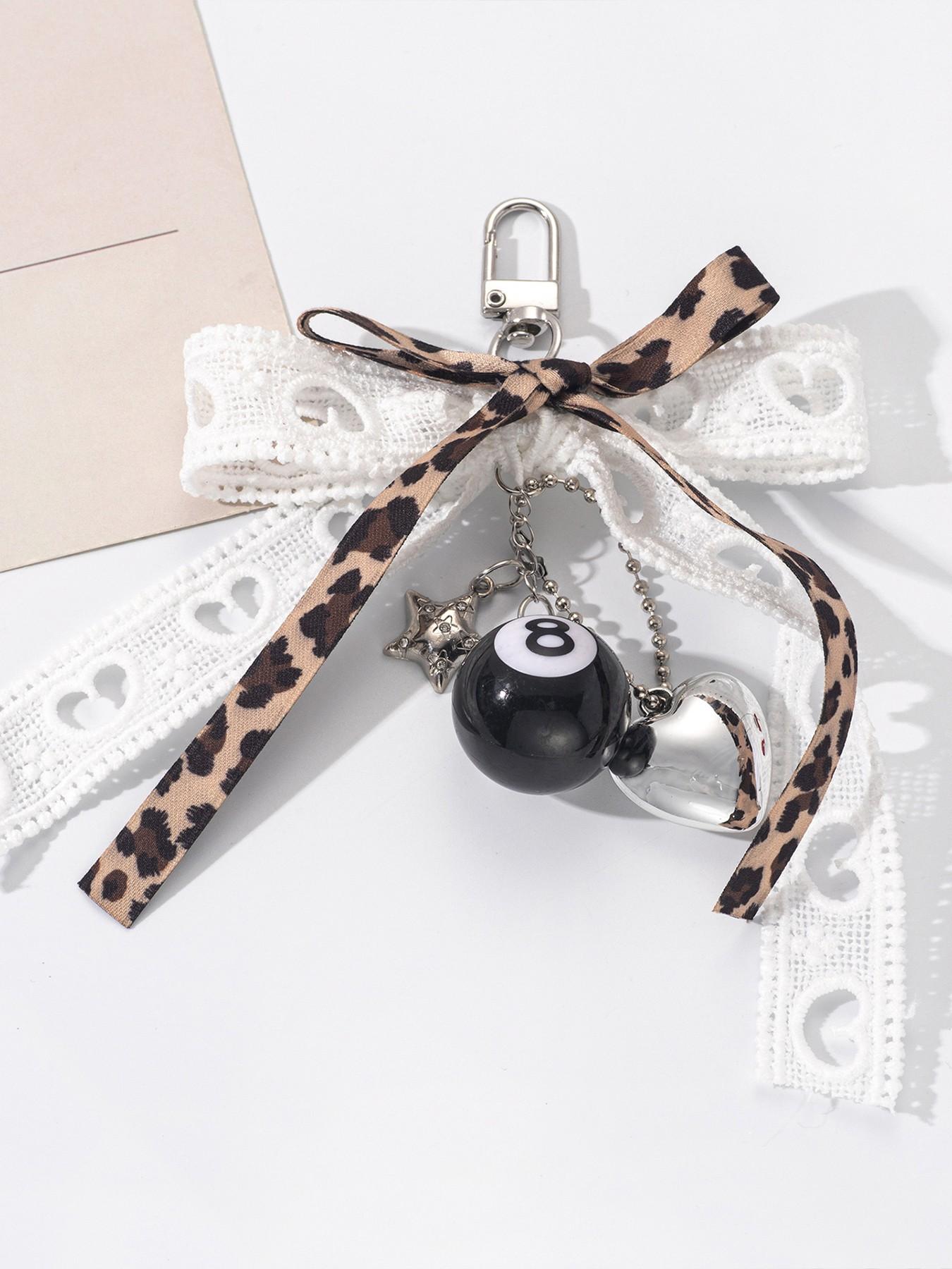 Cool and stylish practical texture leopard print size 8 ball pendant, leopard print bow+lace ribbon, black 8 billiards+heart pendant, exquisite and sweet style, versatile bag/key, can be given to friends