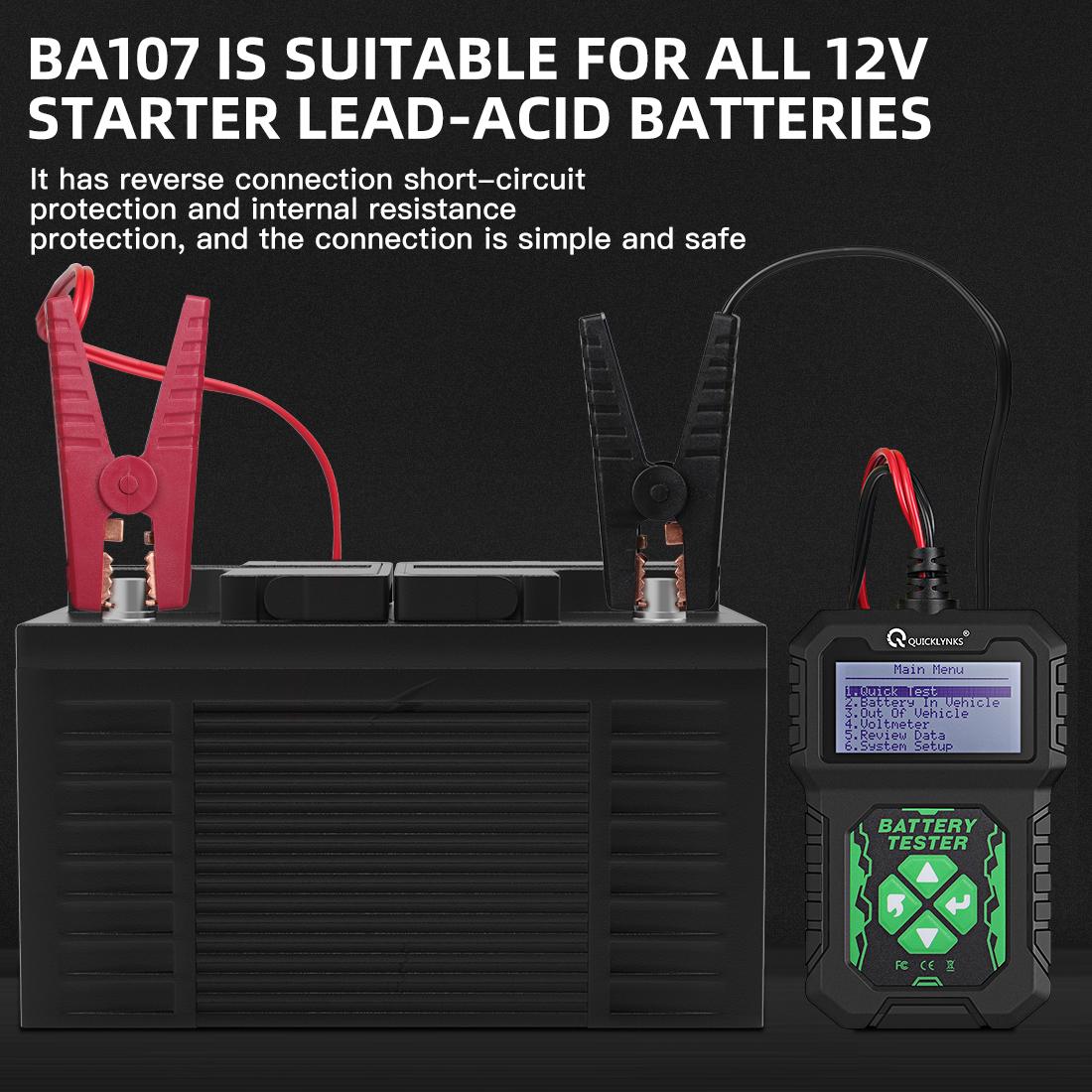 QUICKLYNKS-BA107  12V Lead Acid Battery Tester  for Cars and Motorcycles, Charging System Test Tool 100 to 2000 CCA Diagnostic Measuring Instrument
