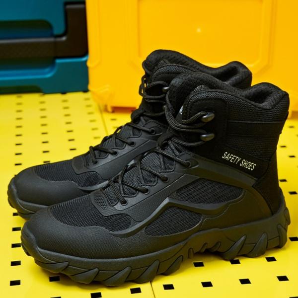 NIEION Men's High Top Steel Toe Safety Boots with Magnetic Closure & Anti-Slip Sole Waterproof Slip-Resistant Black Work Shoes for Outdoor Labor