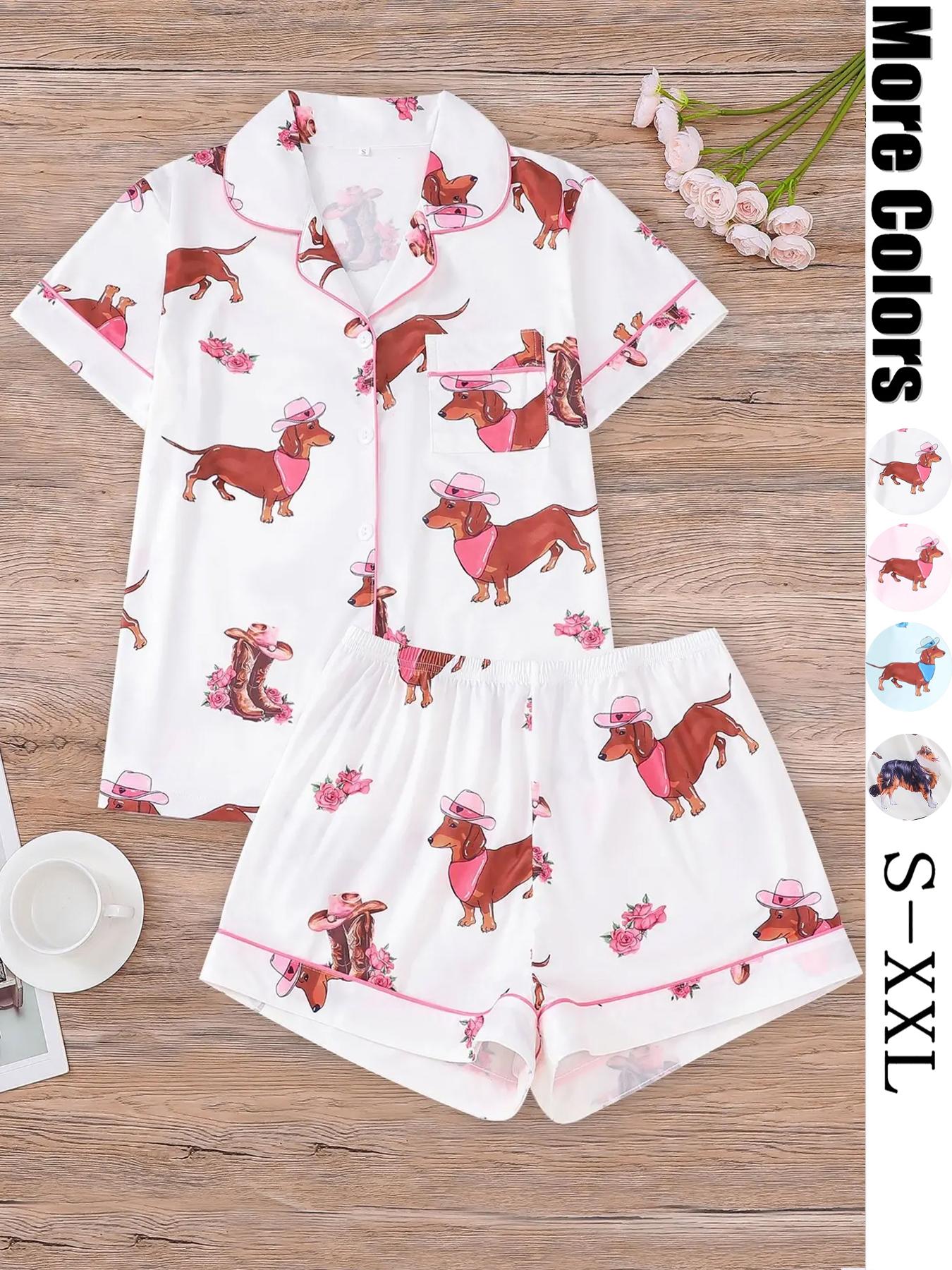 Women's All Over Dachshund Print Shirt & Elastic Waist Shorts Pyjama Two-piece Set, Casual Comfy Short Sleeve Collared Top & Shorts PJ Set, Ladies Sleepwear for All Seasons, Loungewear, Sleep Pajamas Shorts