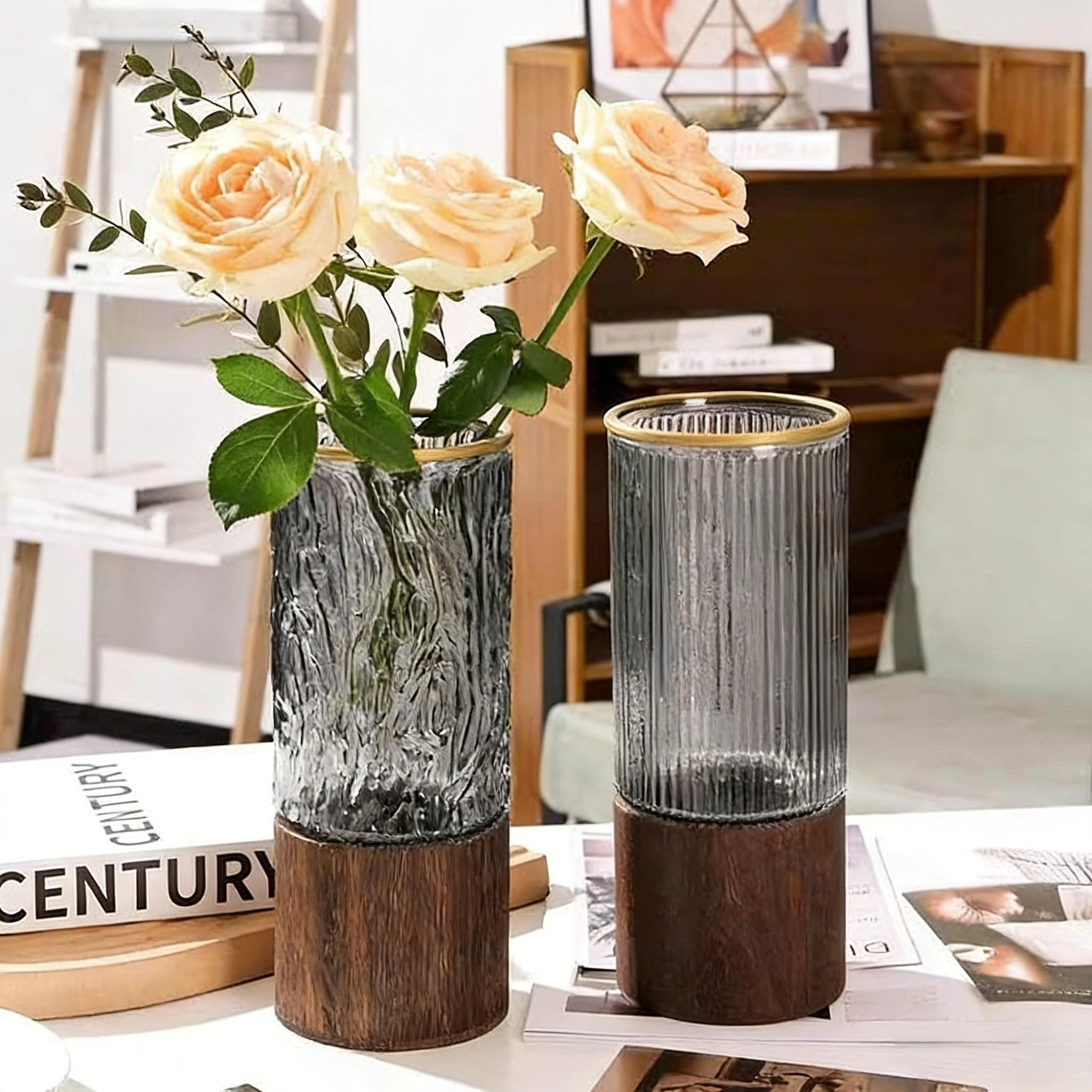 Modern Detachable Glass Flower Vase with Wooden Base, Gold Rim Ribbed/Ice Texture Vase for Home Decor, Perfect for Roses, Lucky Bamboo, Table Centerpieces