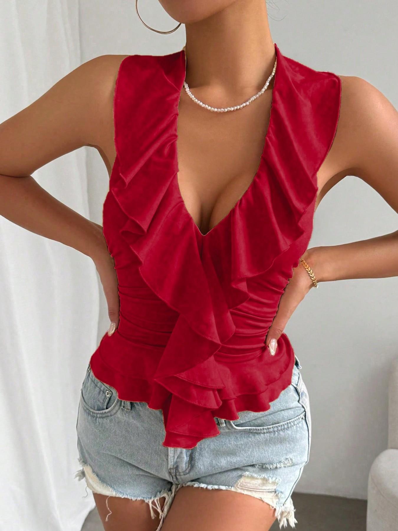 Women's Leaf V-Neck Sleeveless Ruched Tank Top Set, Essential for Daily Commute, Casual Fitted Style, All Seasons Wear