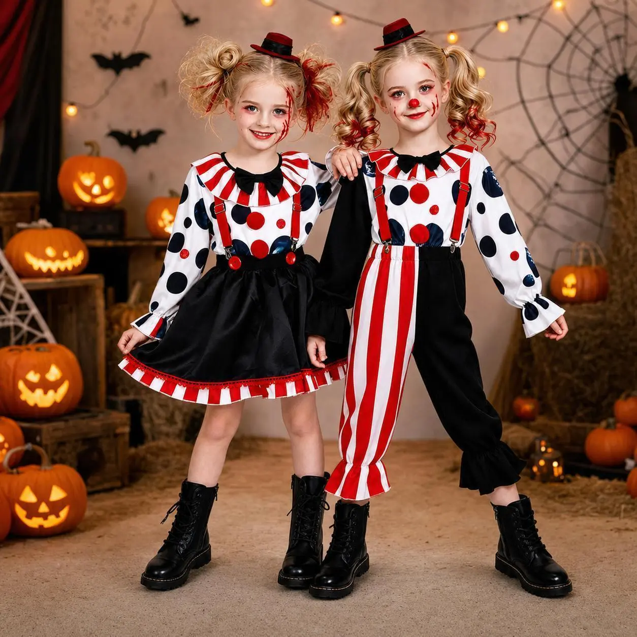 Kids Evil Clown Costume Set, Girls Polka Dot Clown Dress & Boys Striped Jumpsuit with Mini Top Hat, 2 Styles Matching Halloween Fancy Dress Outfit for Carnival Cosplay, School Stage Show, Birthday Party