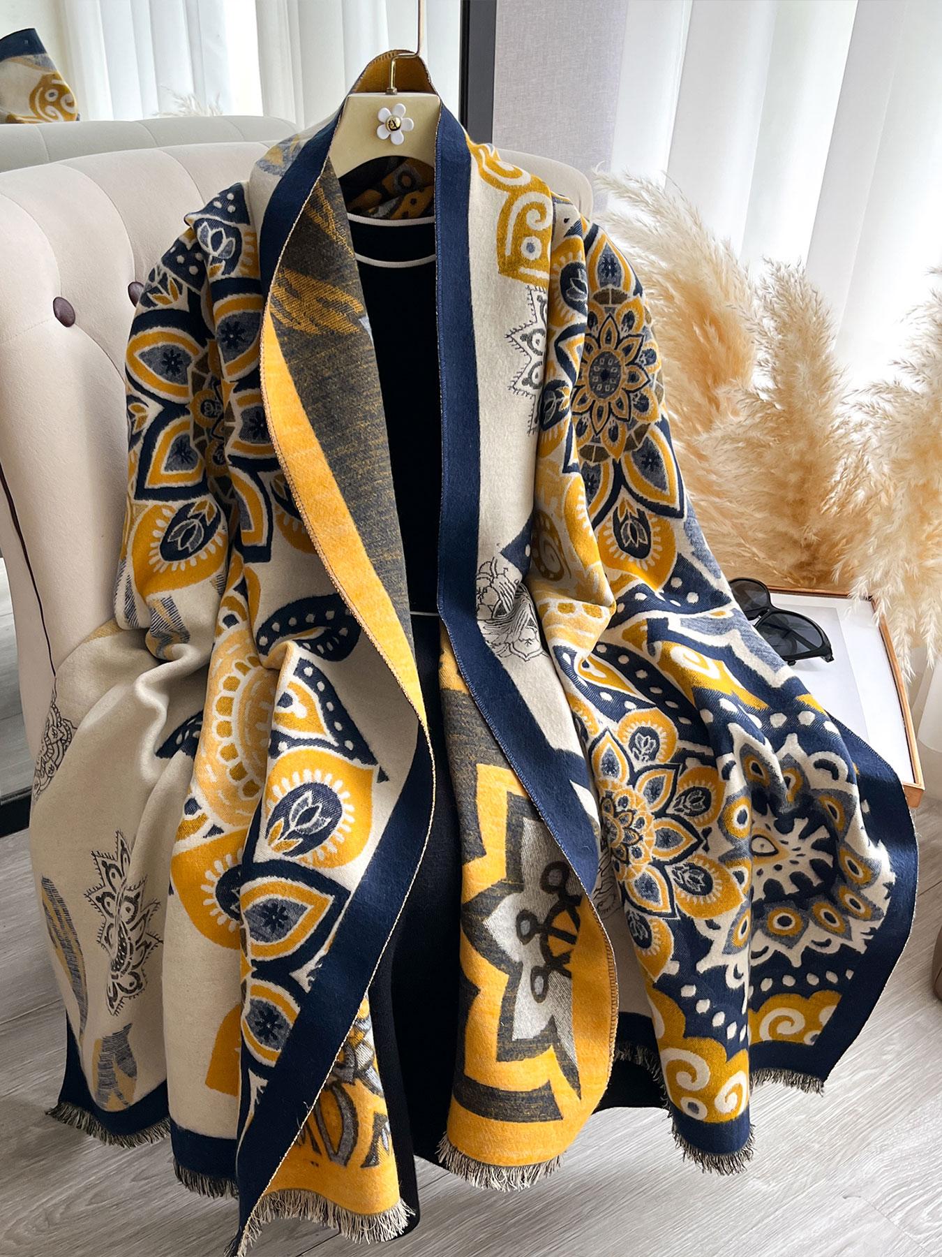 Elegant Floral Knit Scarf for Women, Boho Style Double-Sided Shawl, Fall & Winter Warm Daily Wear, Fitted Design