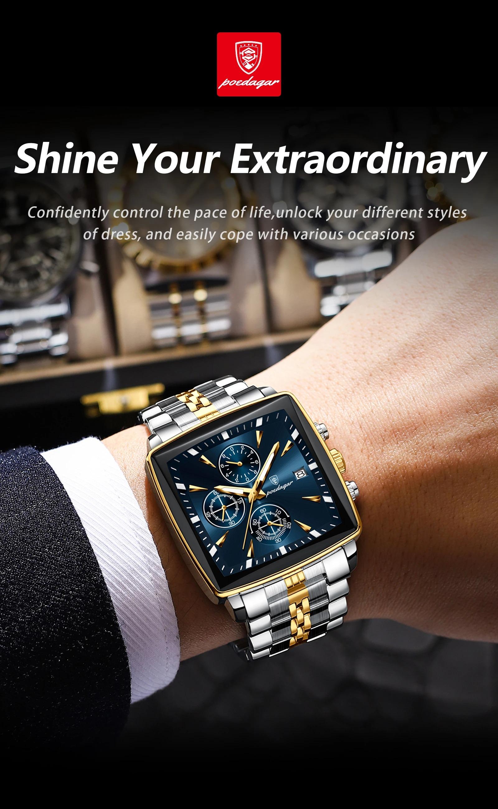 Poedagar Fashion Men's Watch Waterproof Date Men's Square Watch Suitable for Daily Wear and Outdoor Activities Durable Timepiece Stainless Steel Quartz Men's Watch