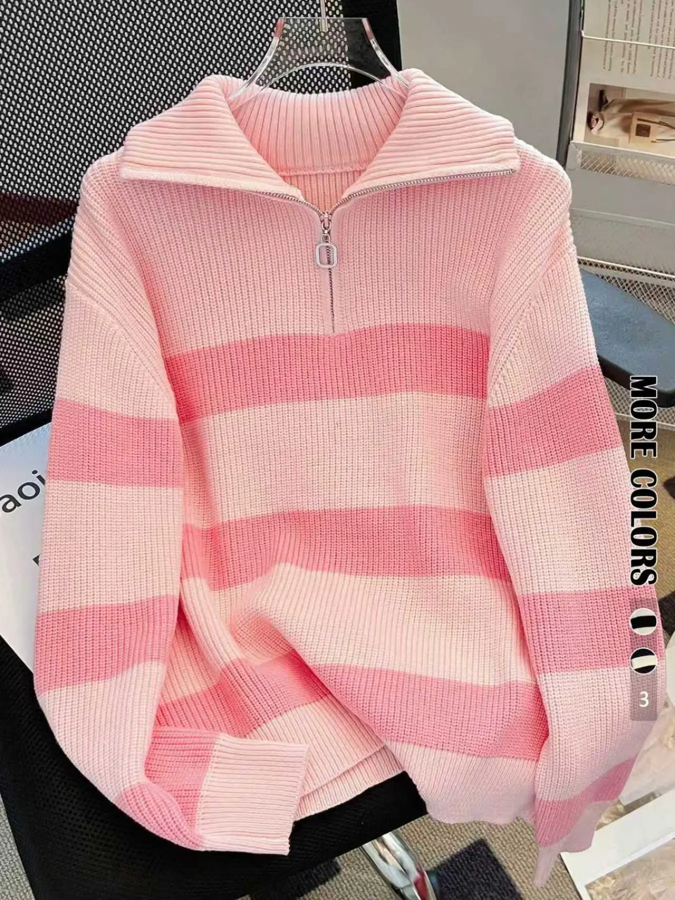 Plus Size Women's Fall Winter New Square Zipper Striped Top, Long Sleeve, Fashionable Elegant Casual Pullover, Versatile Knitwear for All Seasons