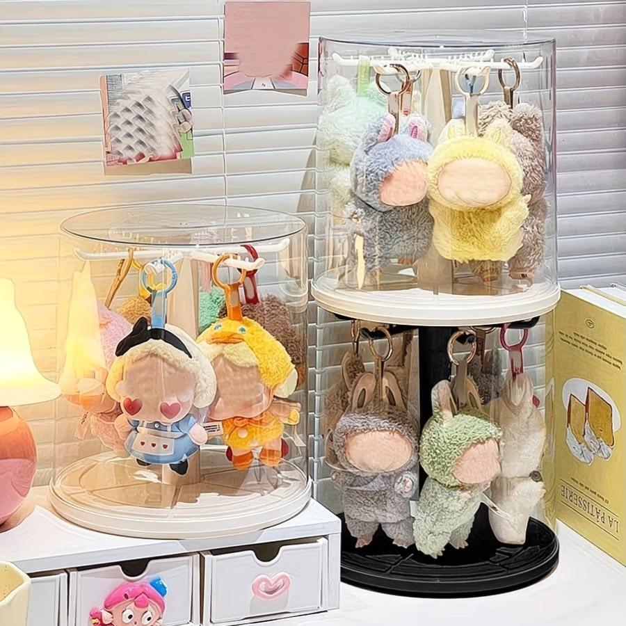 1PC 360° Rotating Clear Acrylic Display Case for Labubu Pop Mart, Hanging Storage Box with Hooks, Dustproof & Moistureproof Showcase for Dolls & Pendants
