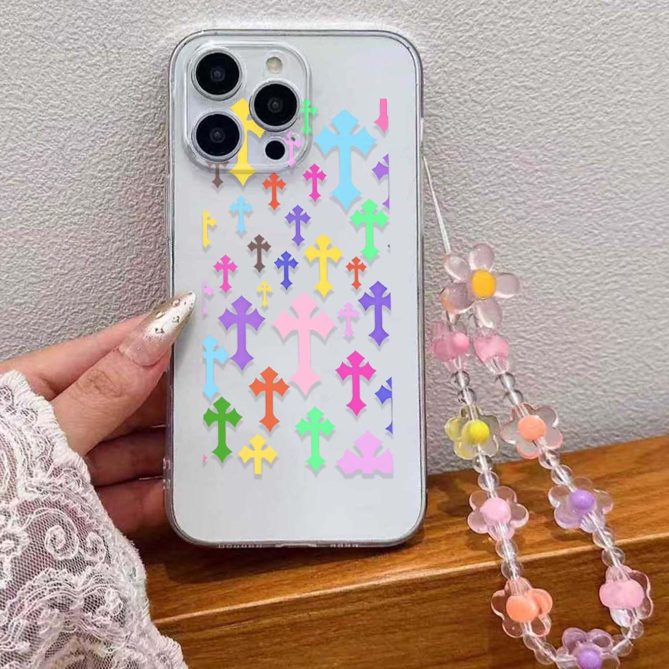 1pc Multicolor Cross Pattern Transparent Anti-Drop Phone Case with Lanyard, Compatible with iPhone 11/12/13/14/15/16 Series, Fashionable Design