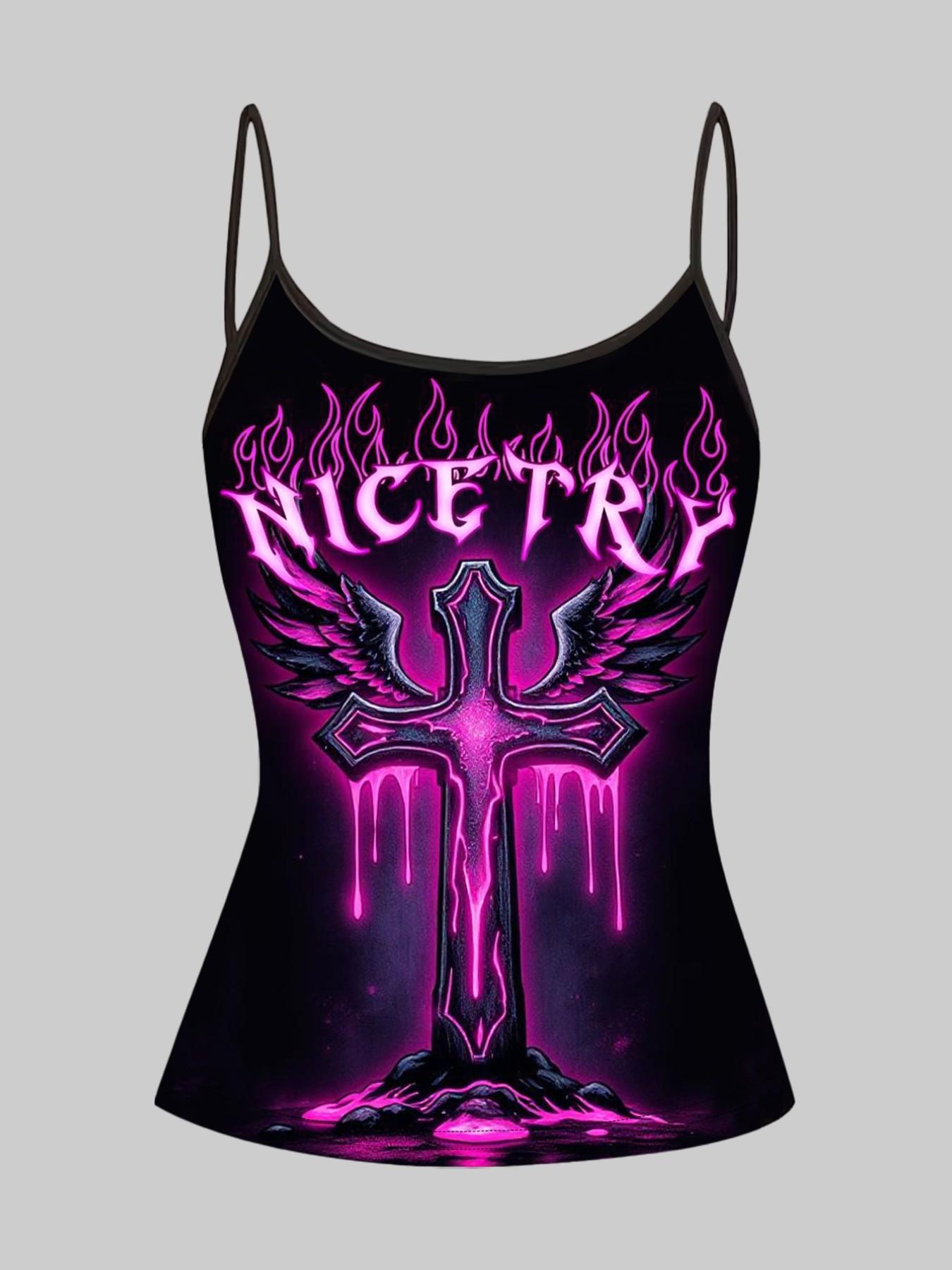 Gothic Skull Heart Cross Print Straps, Dark Sexy Slim-Fitting Top Set of Three, Casual Sleeveless Clothing for Women