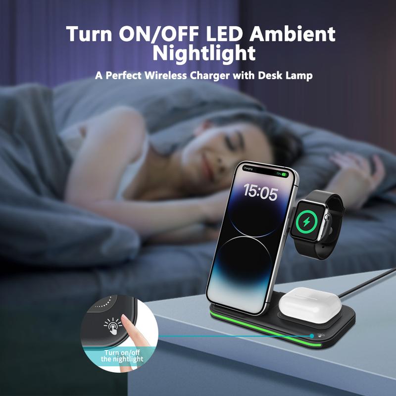 Folding 3-in-1 Wireless Charging Station 15W Fast Charger for IPhone 16-11, IWatch Ultra10-2/SE, AirPods 4-2/Pro, and Qi-compatible phones