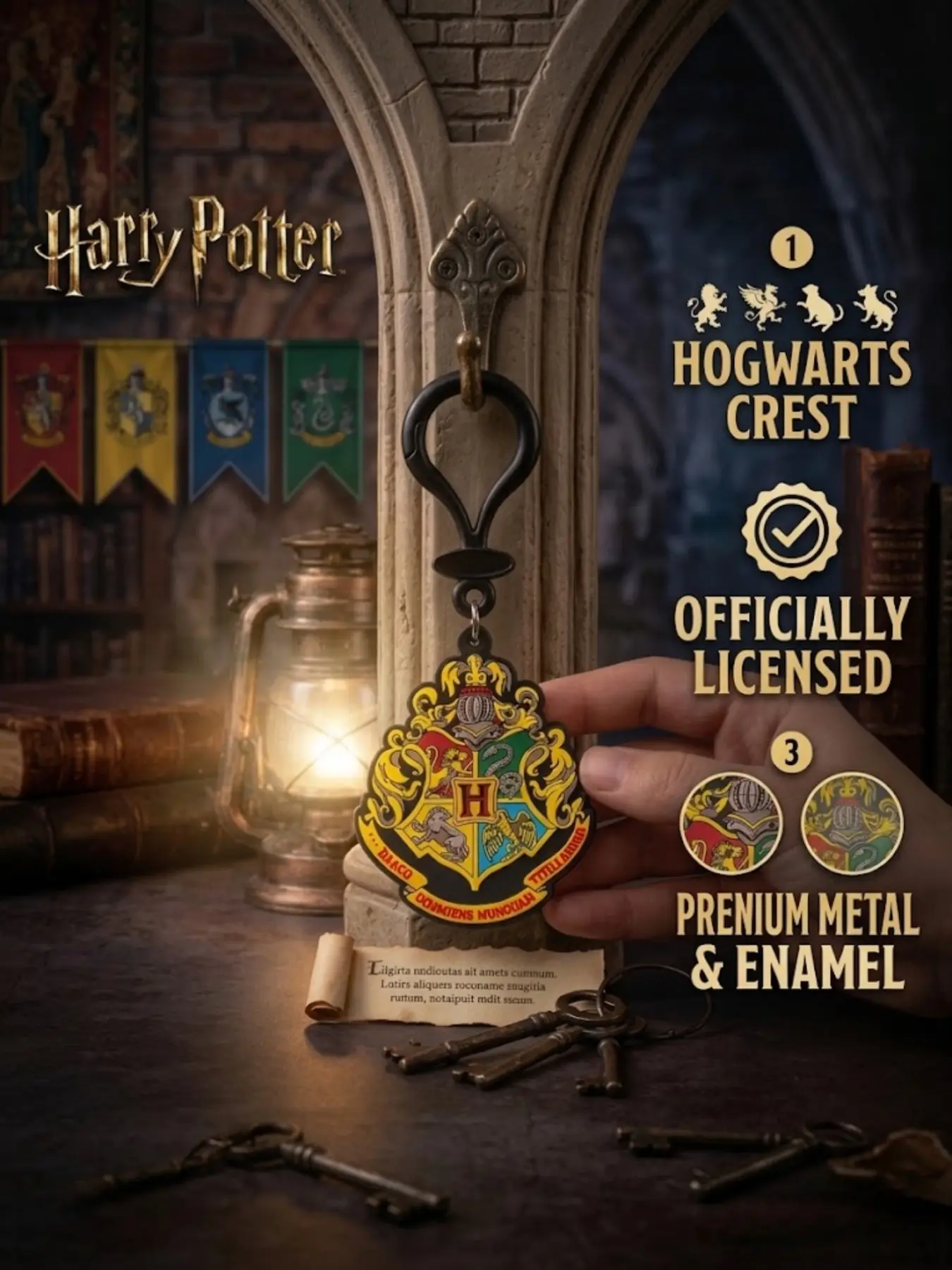 Harry Potter Officially Licensed Hogwarts House Crest Keychain, Hogwarts School Badge Bag Charm Ornament, Wizarding World Fan Collectible Backpack Key Ring Accessory Halloween Christmas Gift 1PC