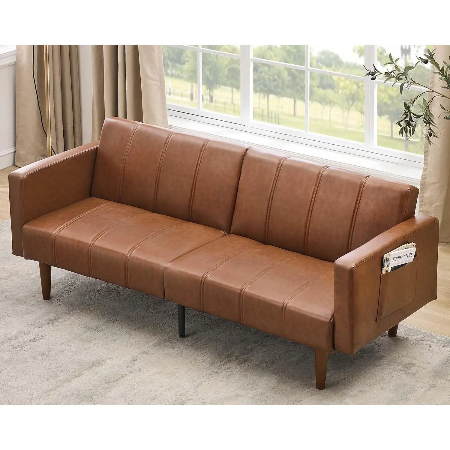 75 Inch Futon Sofa Bed for Small Spaces, Mid-Century Modern PU Leather Couch with Adjustable Backrest Converts to Sleeper, Hidden Side Pockets, Compact Loveseat for Apartment, Living Room