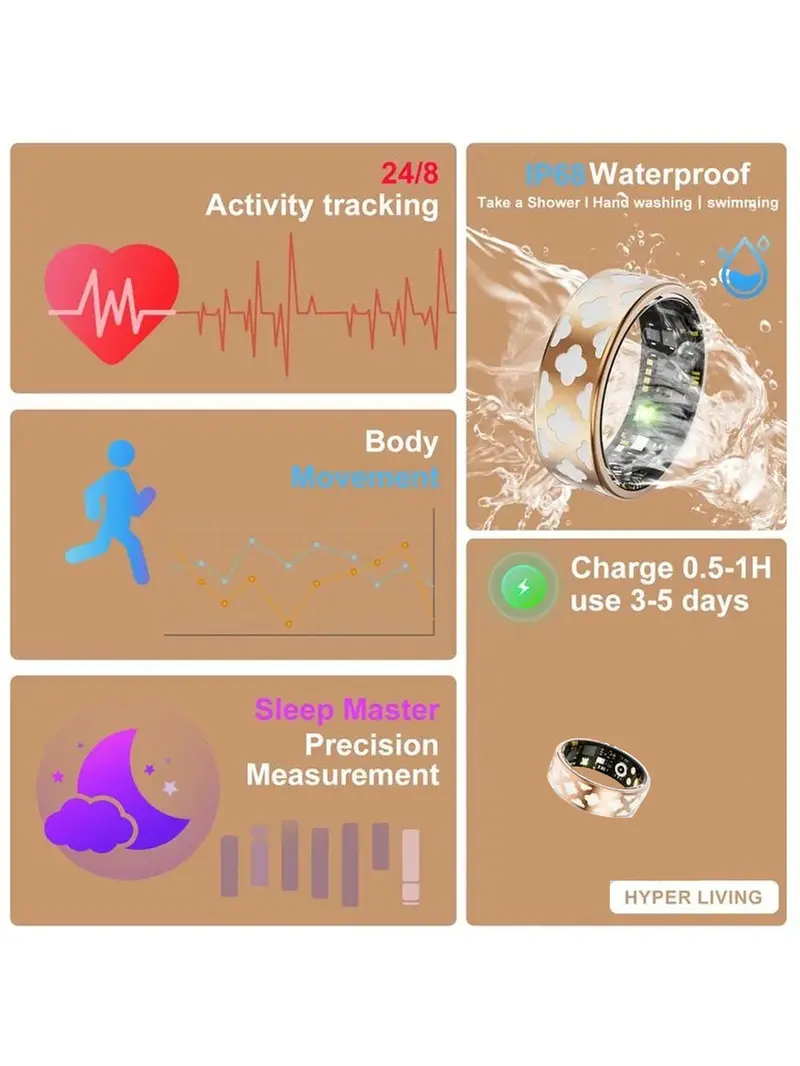 Smart Ring for Men and Women, Health and Sleep Monitoring, 5atm Waterproof, Multi-Sport Modes, Heart Rate and Blood Oxygen, Gift Idea, Fitness Tracker Ring, Smart Wearable Devices