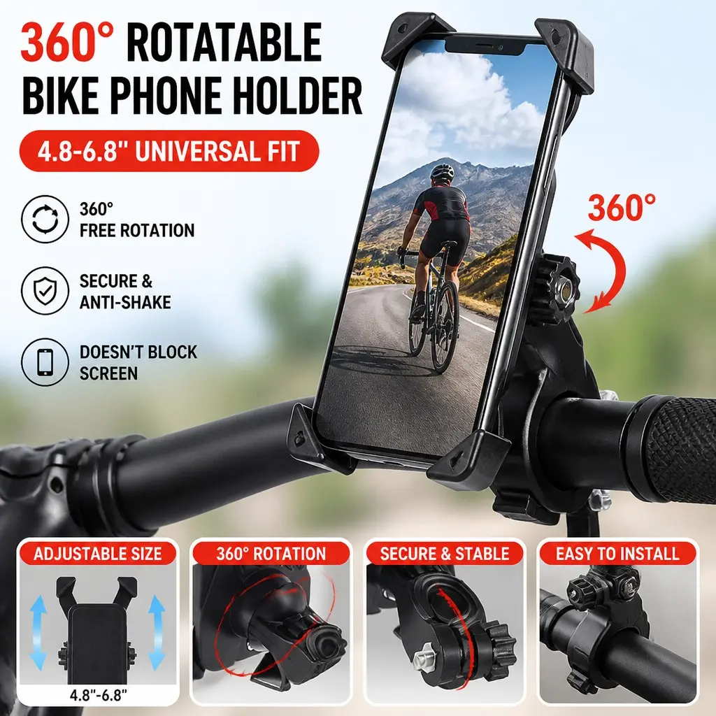 360° Rotatable Bike Phone Holder, Universal 4.8-6.8 Inch Adjustable Mount, Anti-Shake Secure Lock, PP Protection for Motorcycle Scooter