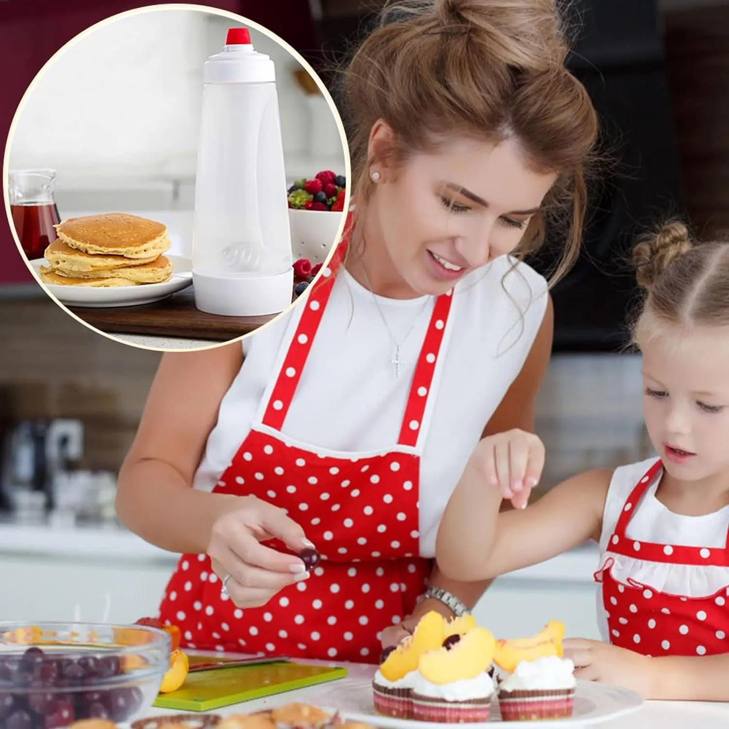 Pancake Batter Dispenser Bottle and Mixer with Blenderball, Easy Pour Spout, 4.5 Cup Capacity, Reusable Plastic Silicone, Kitchen Bakeware