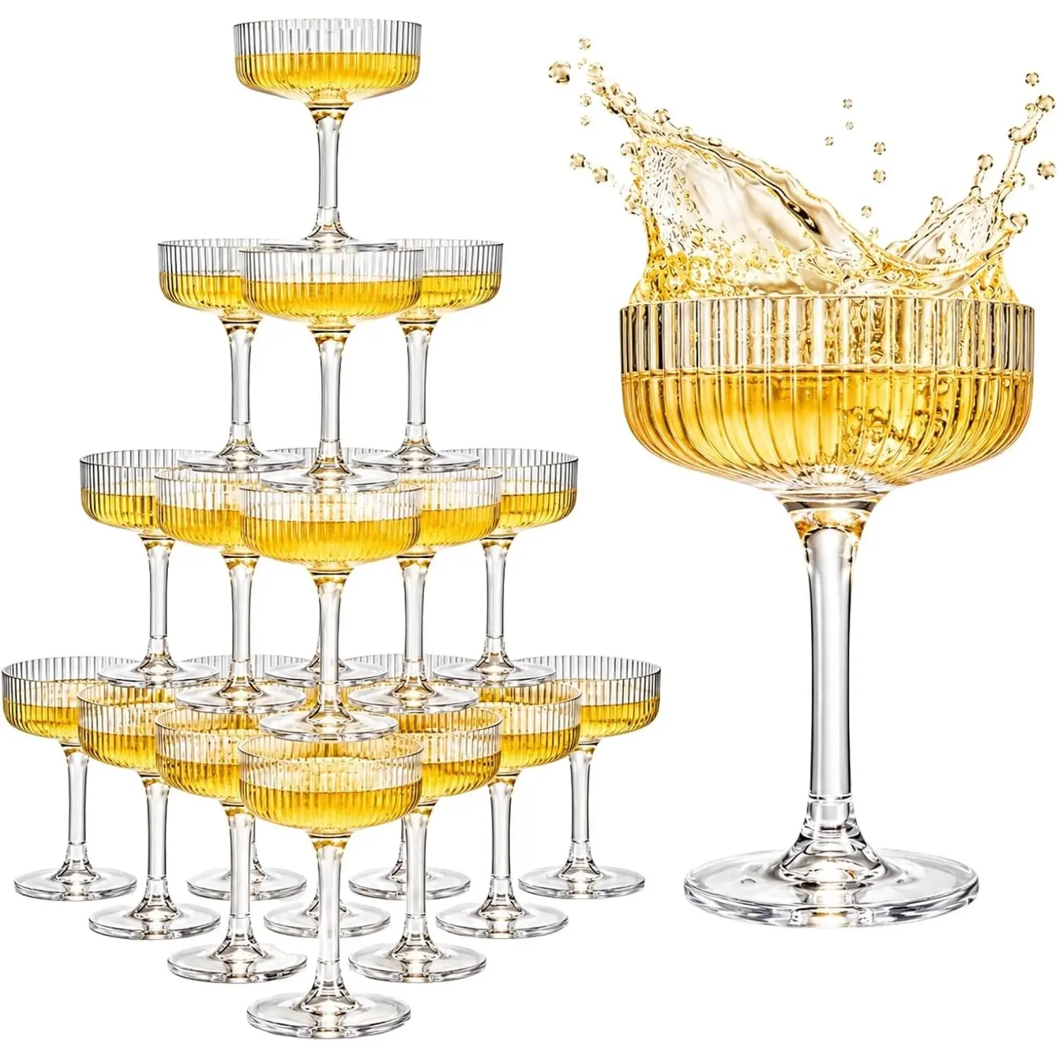 Vintage Stackable Champagne Tower, Acrylic Coupe Glasses, Set of 20, 7 oz