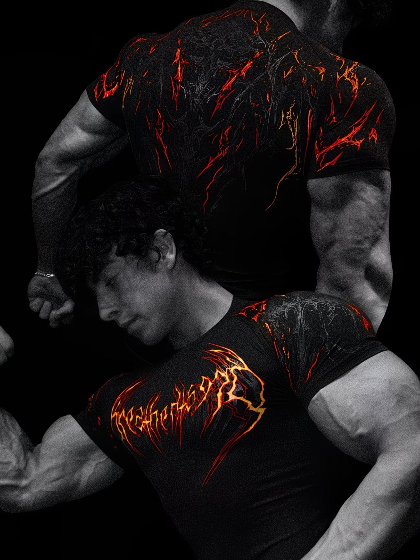 Men's High Elastic Quick-Dry Flame Print Sport T-Shirt, Slim Fit Breathable Short Sleeve, Muscle Training Running Workout Top