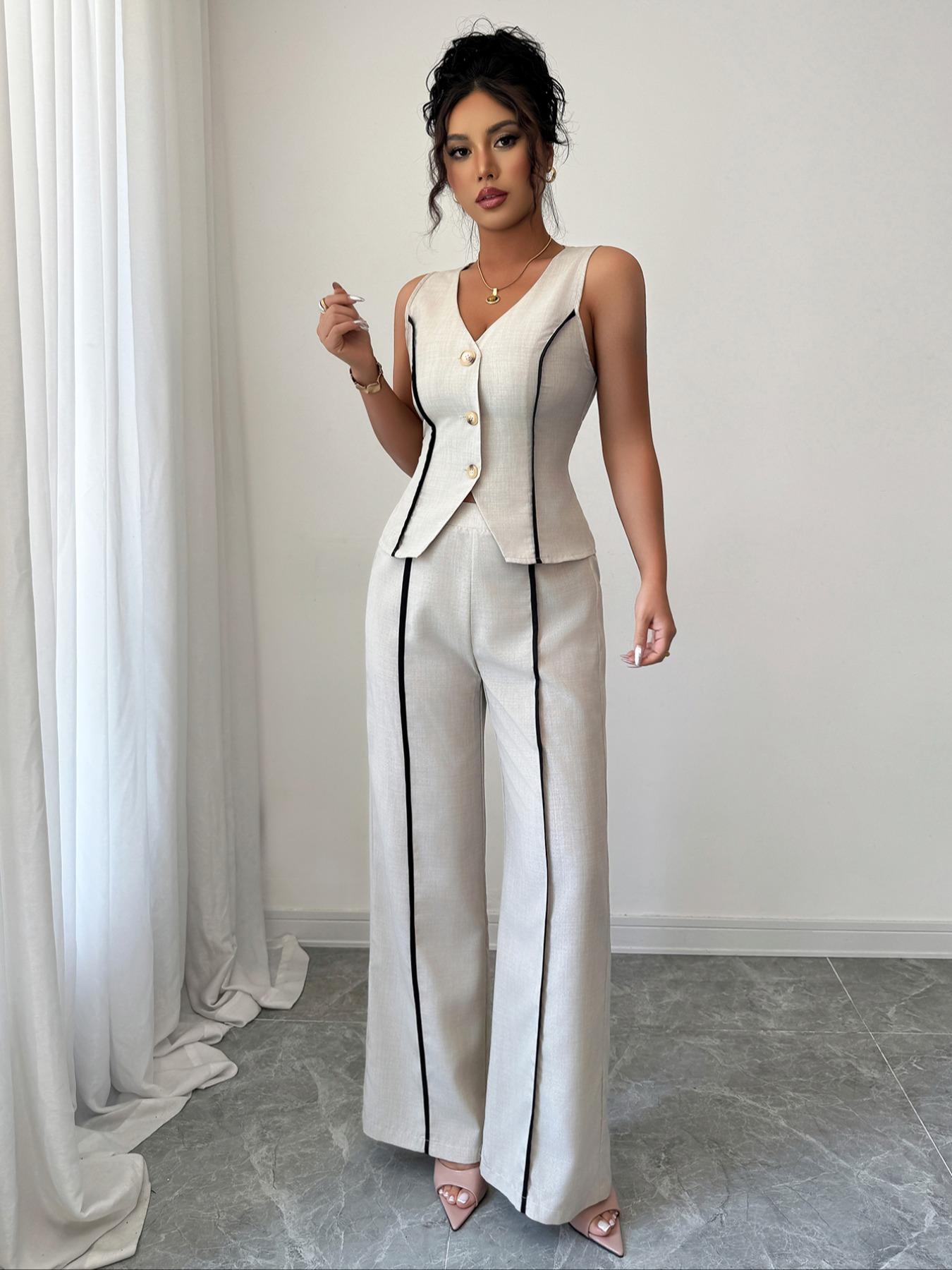Colorblock V-Neck Sleeveless Vest Set with Wide Leg Pants, Spring & Fall Fashion, Slim Fit, Plain Pattern, Natural Waist