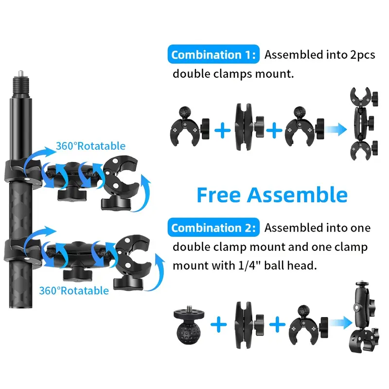 2026 New Motorcycle Mount Kit Holder, Suitable for Insta360 One X5 X4 X3 X2 RS DJI OSMO Gopro, Robust Motorcycle Clamp Mount, Extendable Panoramic Stick, Non-Slip CNC Base, Ideal for Cycling Videos, Umbrella Clamp