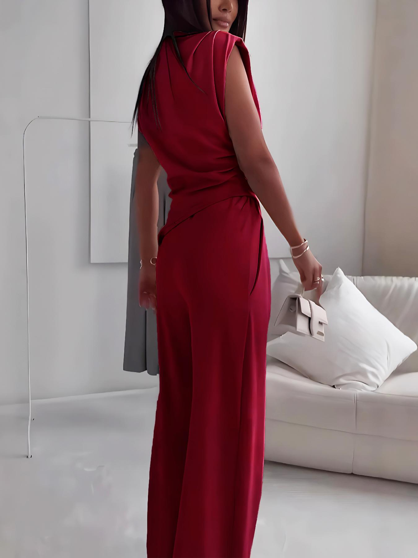 Women's Plain Elegant Asymmetrical Hem Sleeveless Top Long Pants Set, Stylish Casual for Daily Wear, Comfortable, Trendy and Slim