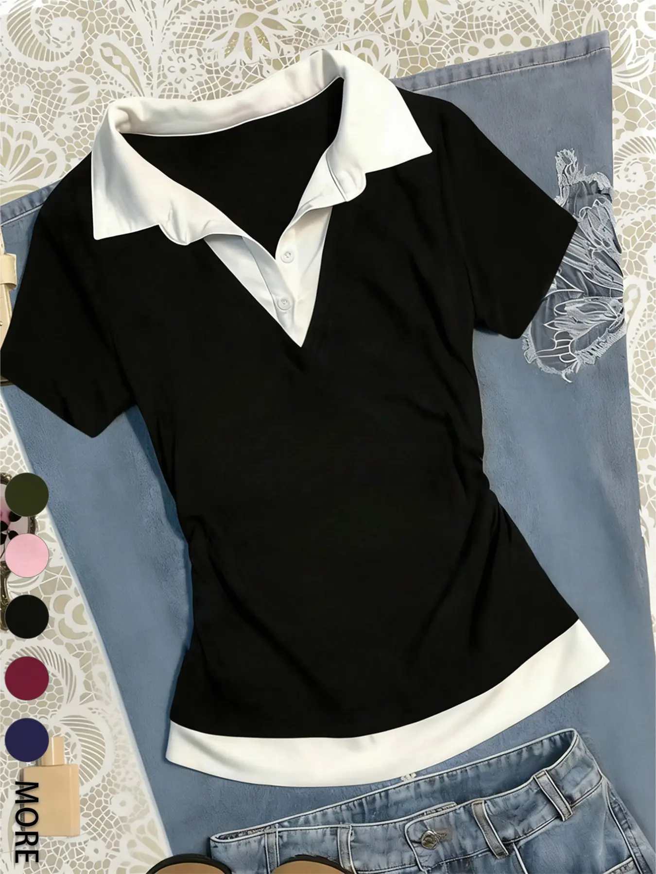 Women's Colorblock Polo Shirt, Long Sleeve Fitted Top, Plain Pattern, Casual Sweet Cute Versatile T-Shirt, Perfect for Everyday Wear