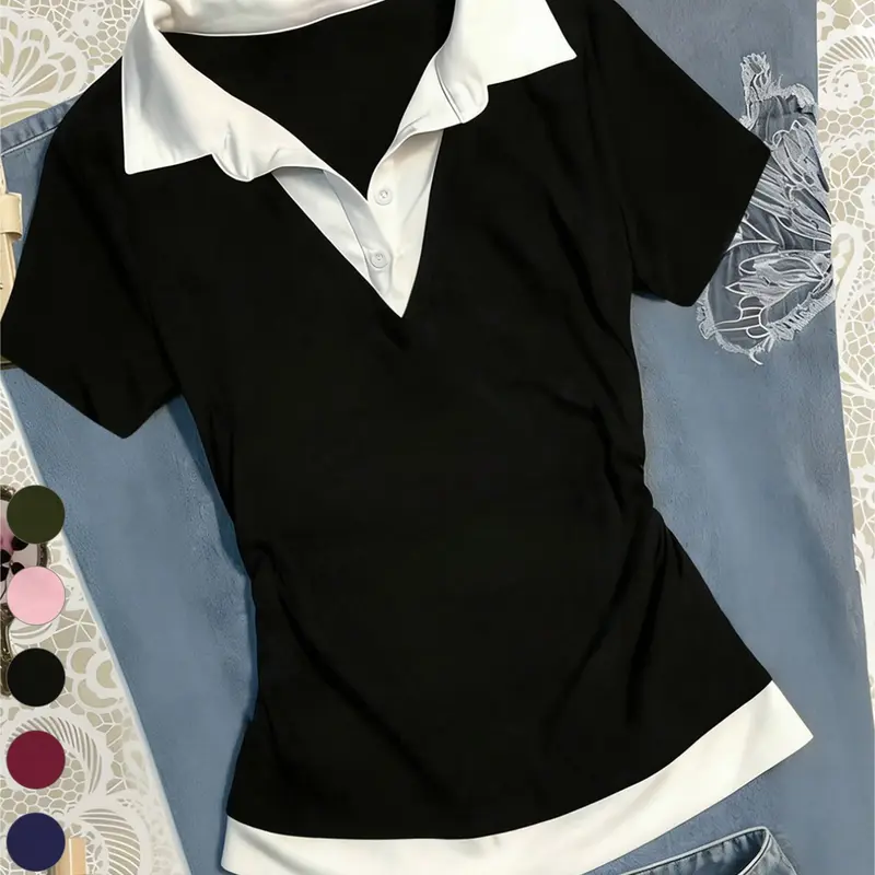 Women's Colorblock Polo Shirt, Long Sleeve Fitted Top, Plain Pattern, Casual Sweet Cute Versatile T-Shirt, Perfect for Everyday Wear