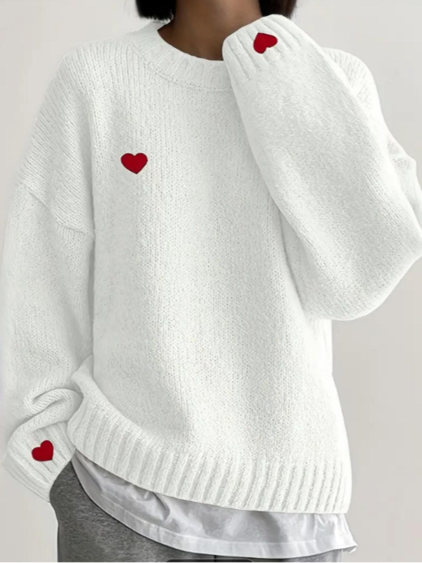 Women's Winter New Fashion Sweater, Embroidered Heart Knitwear, Elegant Casual Woolen Pullover, Loose Long Sleeve Top, Embroidery