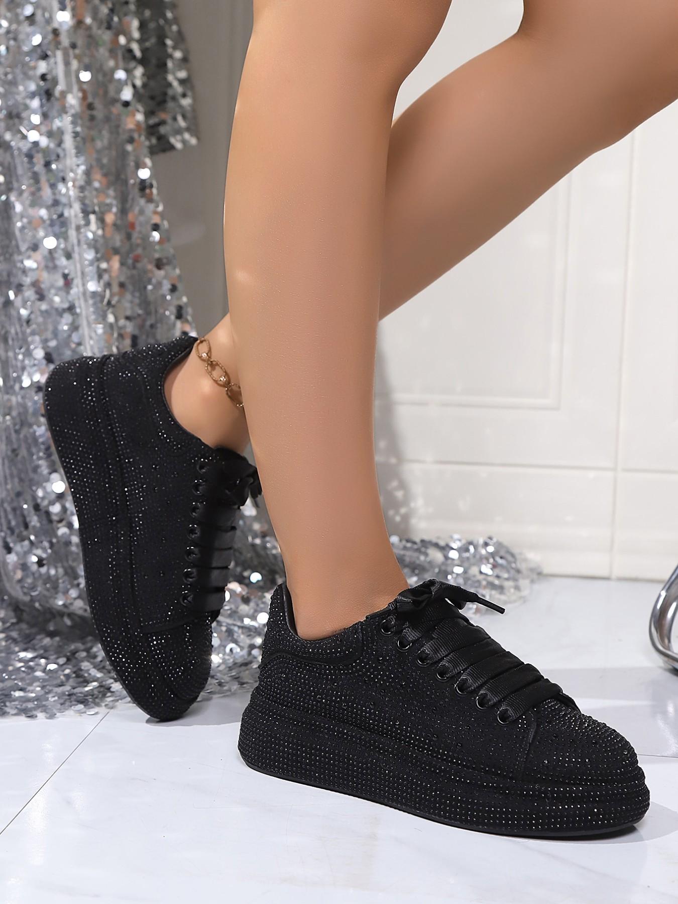 Full Diamond Thick Sole Sport Casual Shoes, Unique Design Handmade Embellished Luxury Thong Dad Sneakers, Party Banquet Multi-Scene Cool Women's Shoes