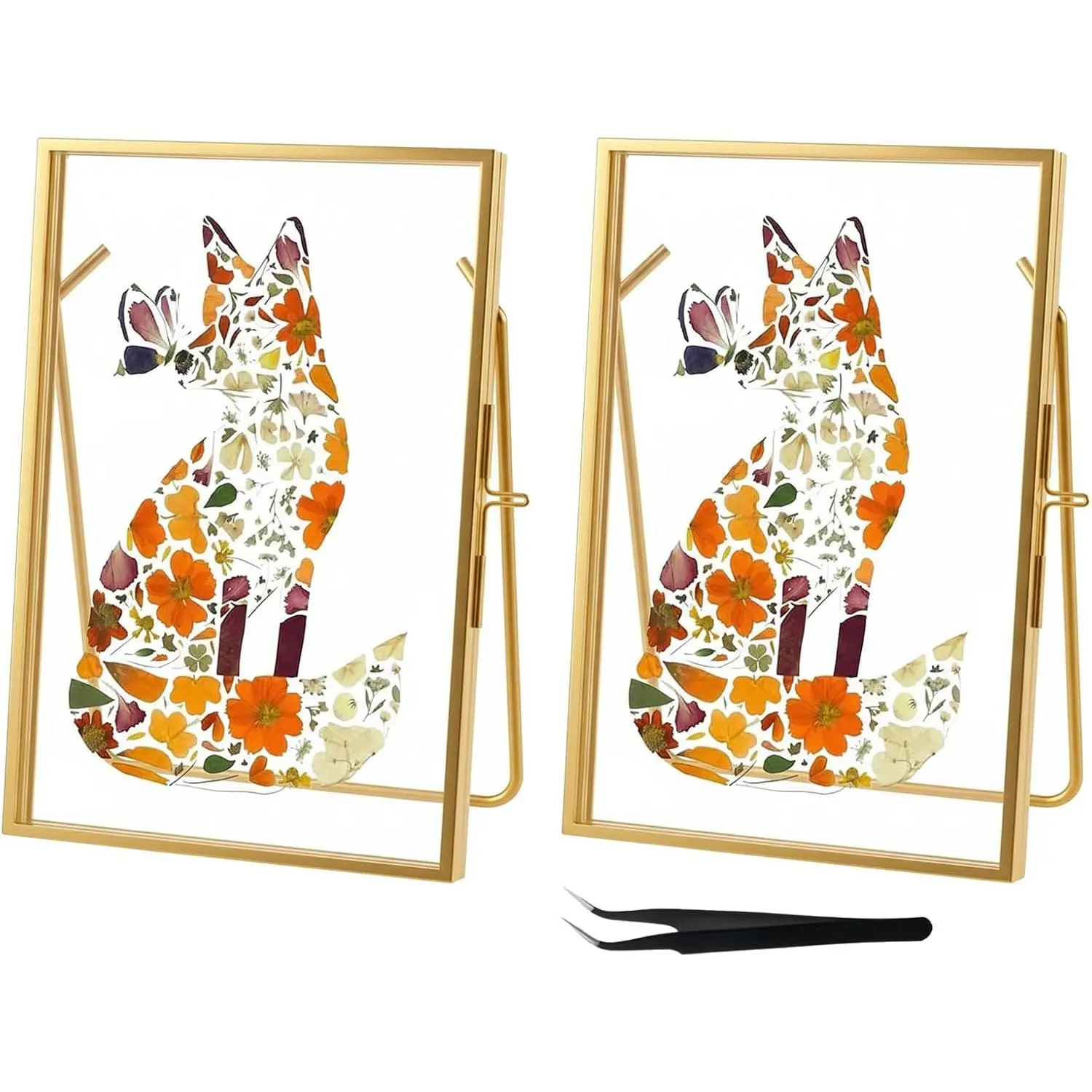 4x 6'' Gold Floating Frame Set Of 2 For Photo Sizes 2x3'',3.5x 5'',4x6'',Brass Metal Lace Edge Frames,Double Glass Adjustable Tabletop/Shelf Photo Frame, Christmas Framed Wall Art Craft Ornaments Classy Gifts