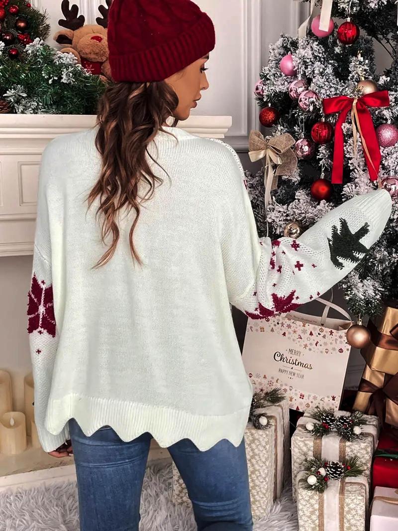 Women's Christmas Tree Print Scallop Trim Drop Shoulder Sweater Pullover, Casual Long Sleeve Round Neck Jumper for Fall & Winter, Ladies' Knitwear for Daily Wear
